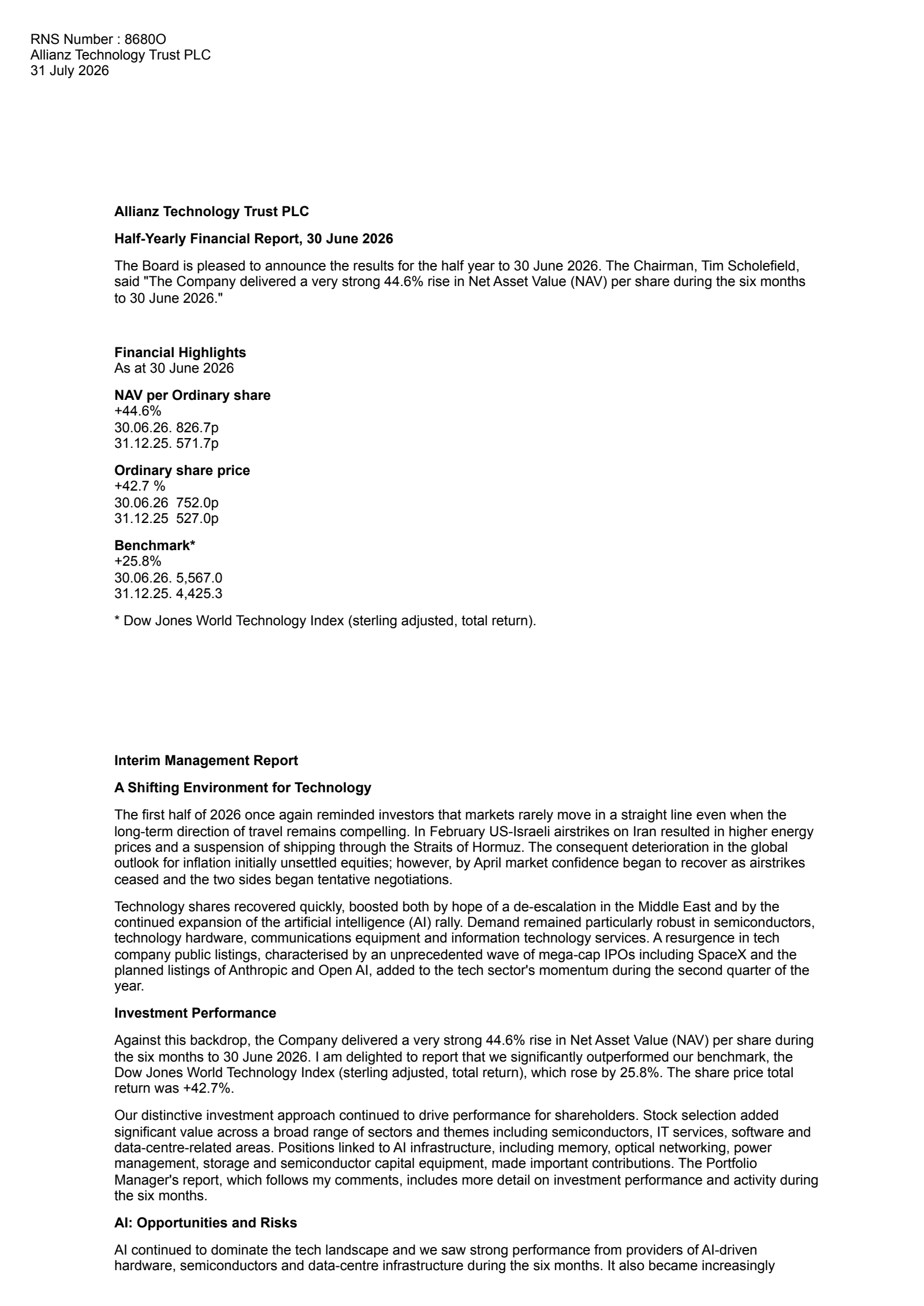Allianz Technology Trust's H1 2026 Interim report