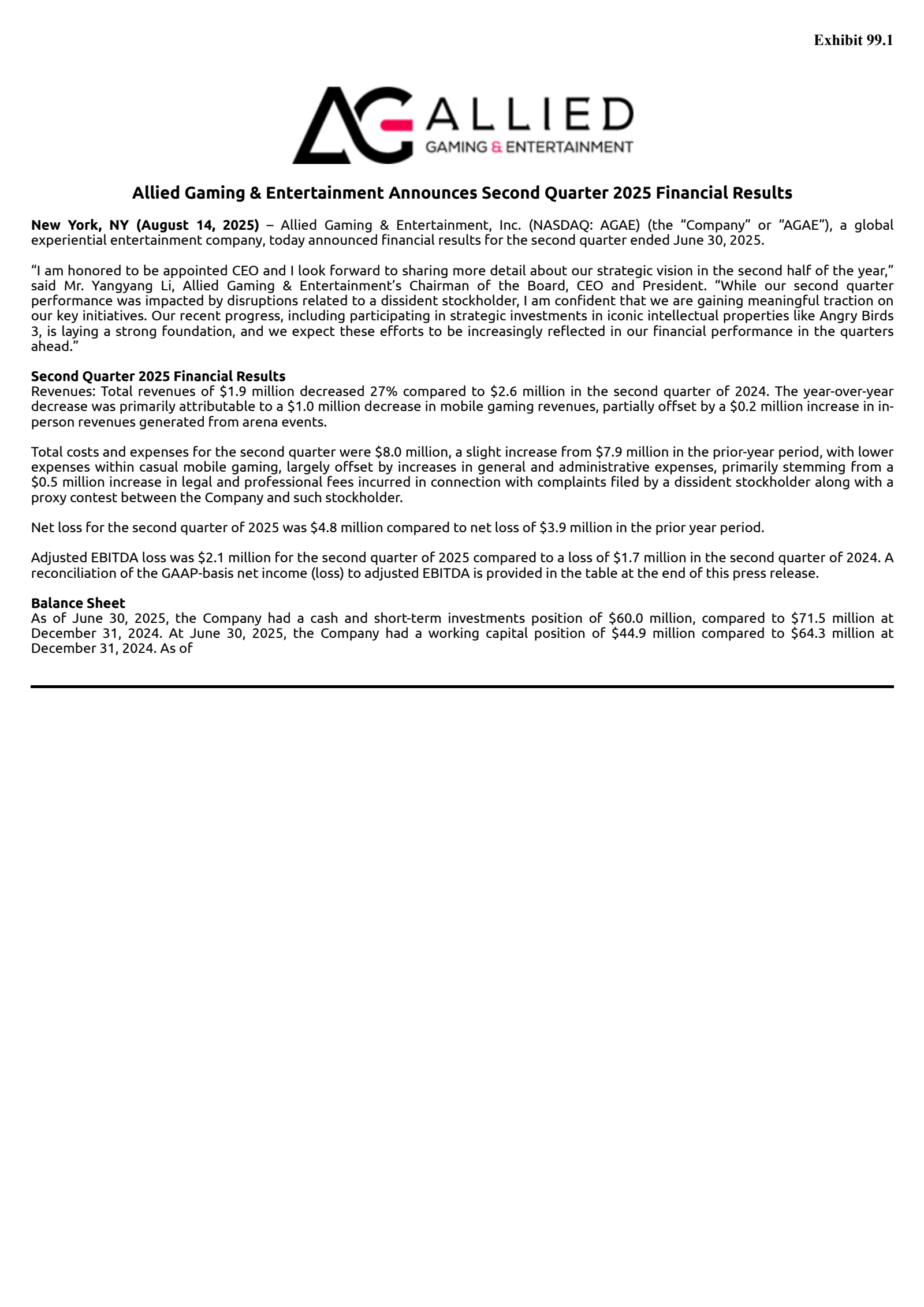 Allied Gaming & Entertainment's Q2 2025 Press Release