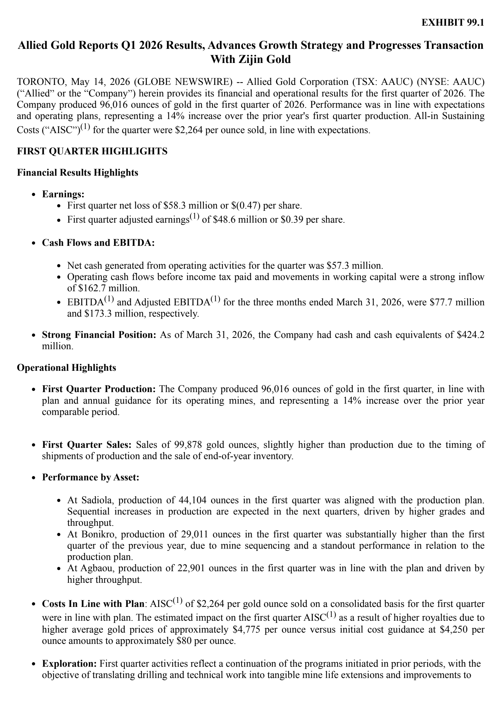 Allied Gold's Q1 2026 Press Release