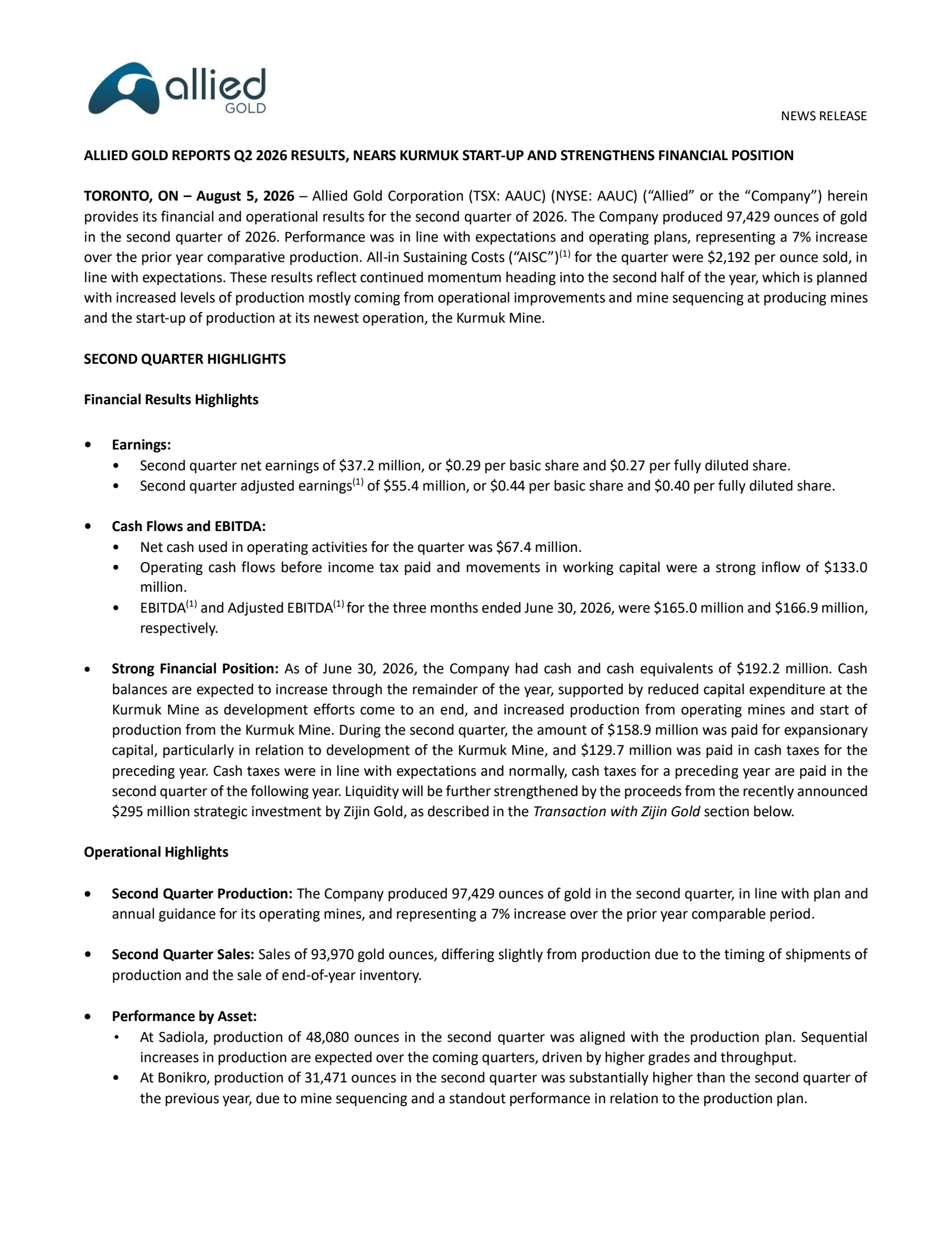 Allied Gold's Q2 2026 Press Release