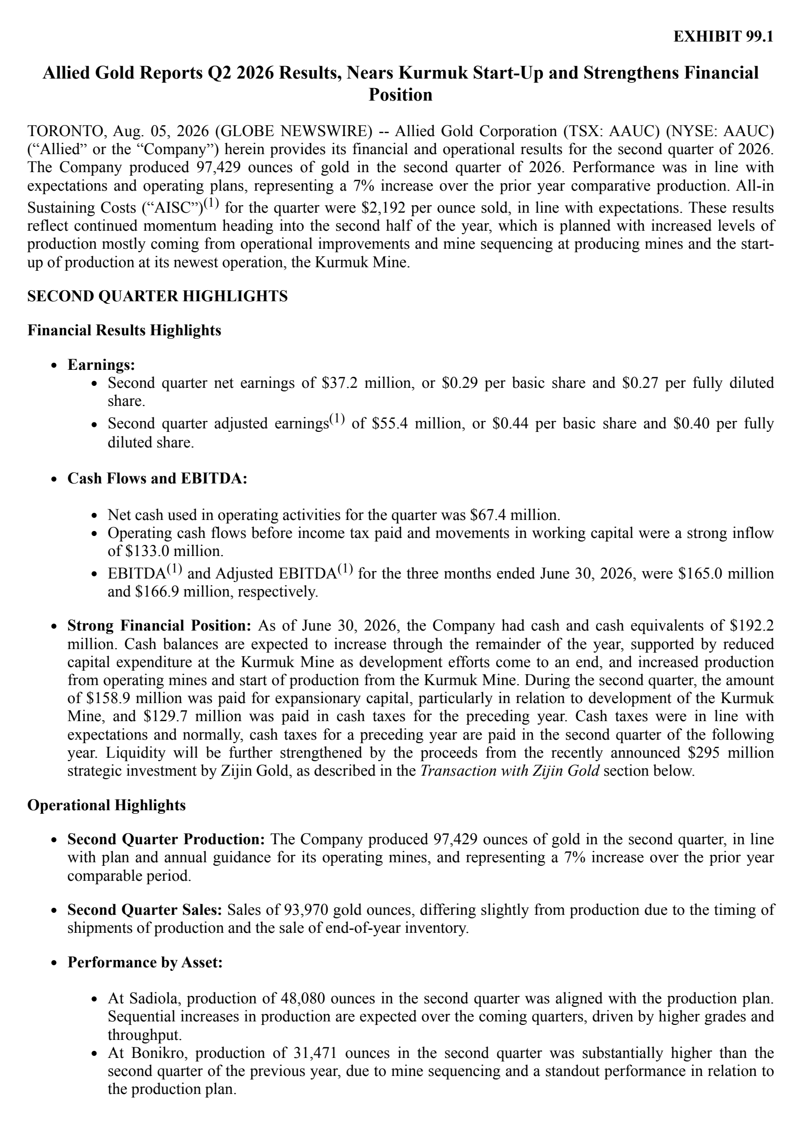 Allied Gold's Q2 2026 Press Release