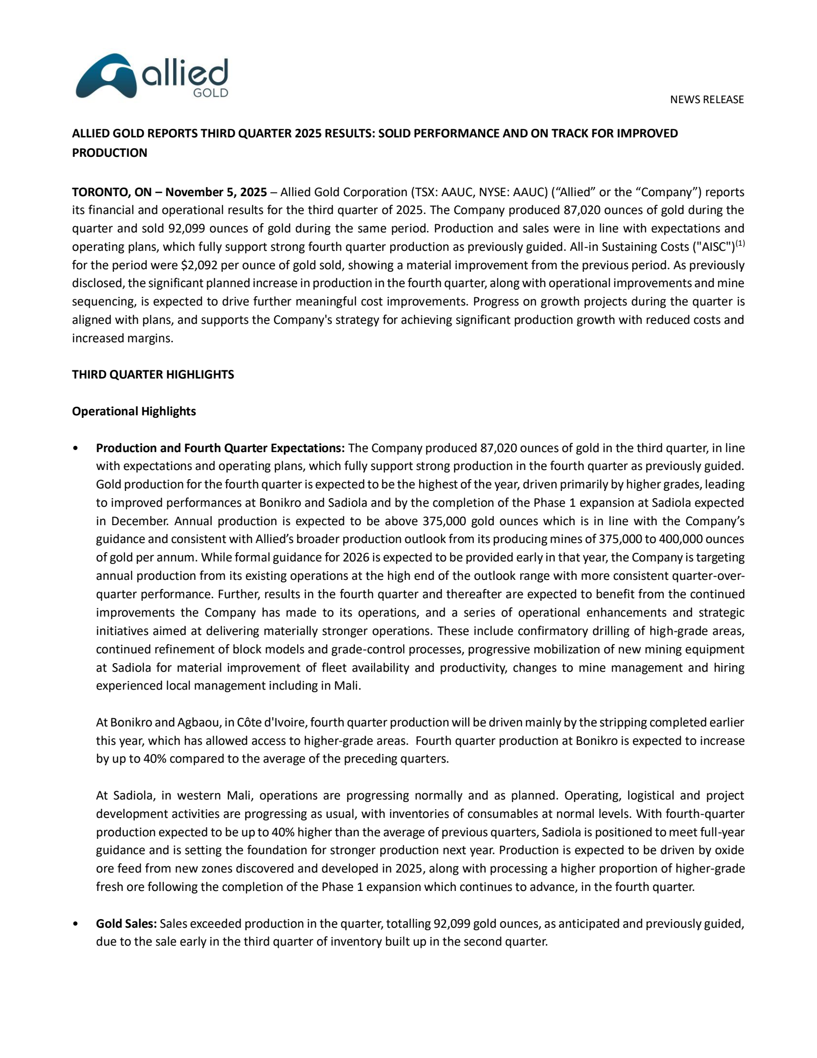 Allied Gold's Q3 2025 Earnings Release