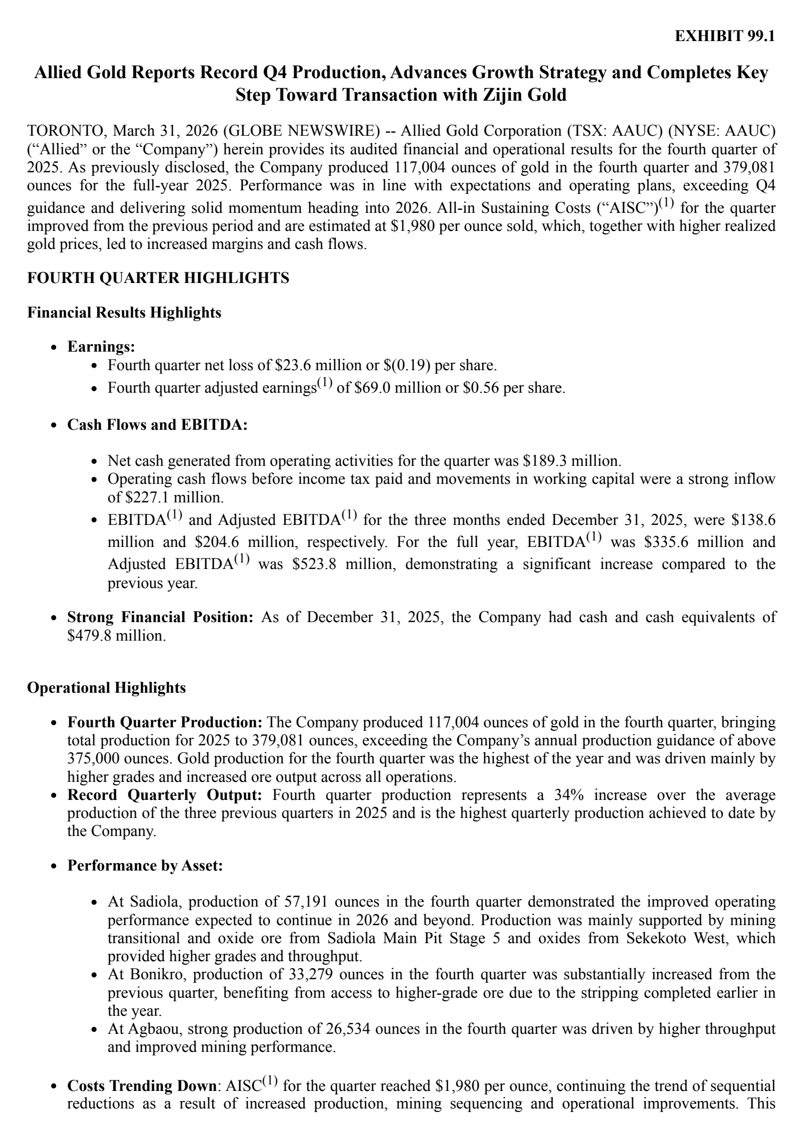Allied Gold's Q4 2025 Press Release