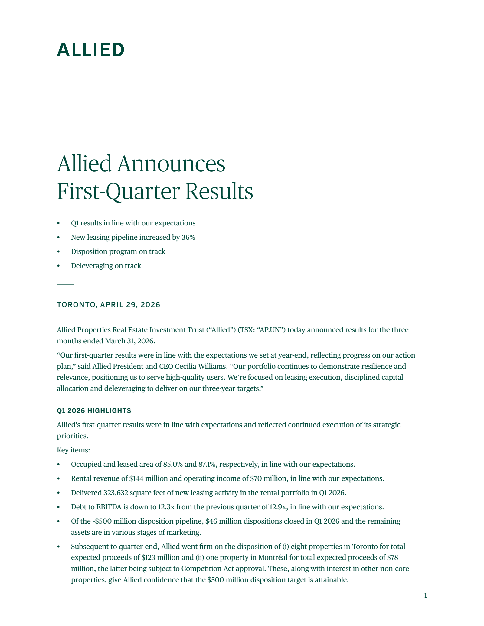 Allied Properties Real Estate Investment Trust's Q1 2026 Press Release