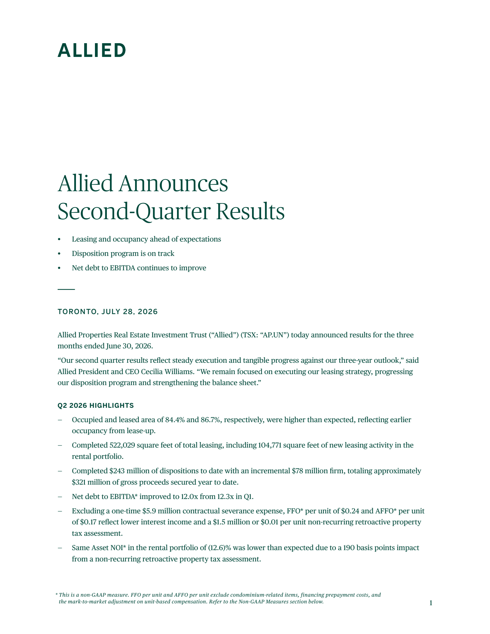 Allied Properties Real Estate Investment Trust's Q2 2026 Press Release