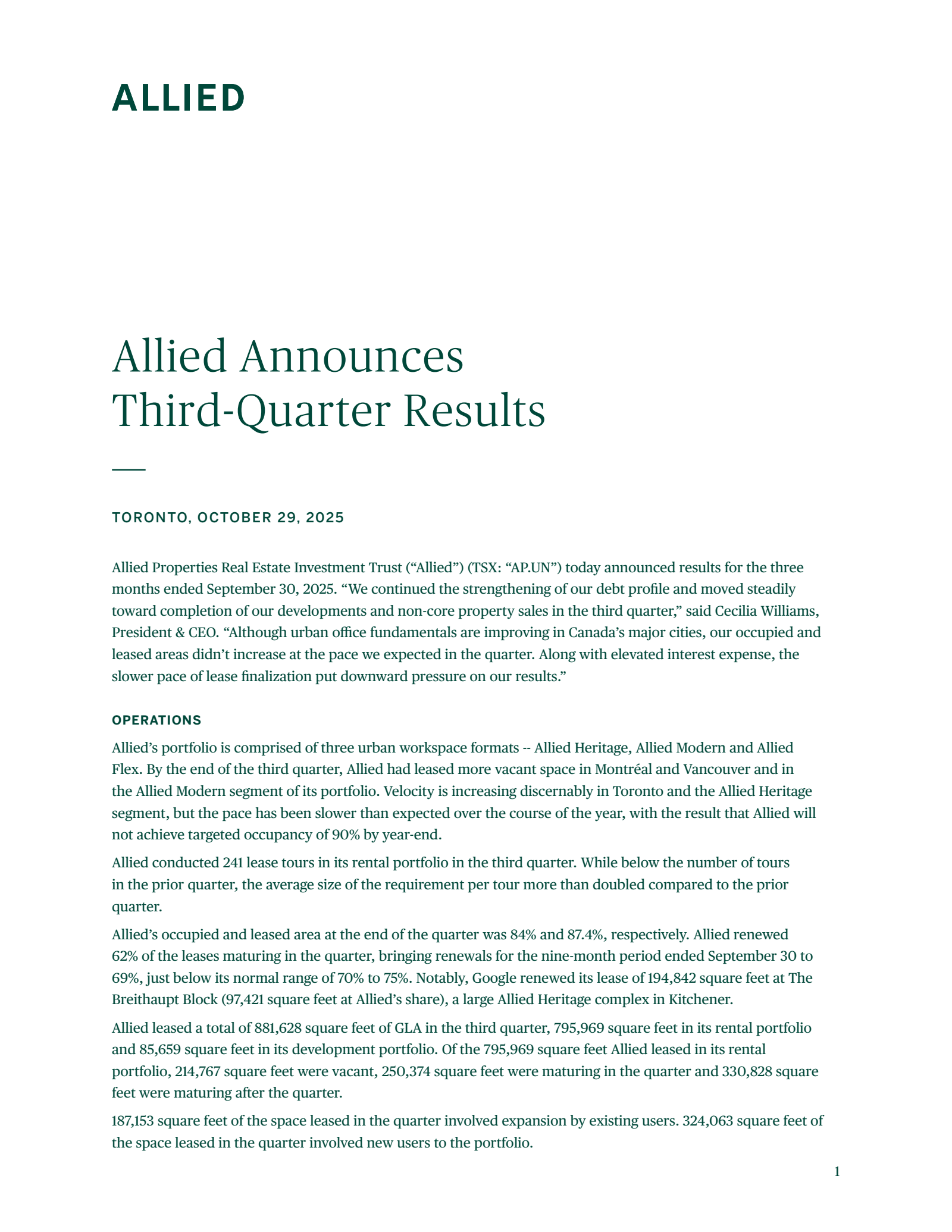 Allied Properties Real Estate Investment Trust's Q3 2025 Earnings Release