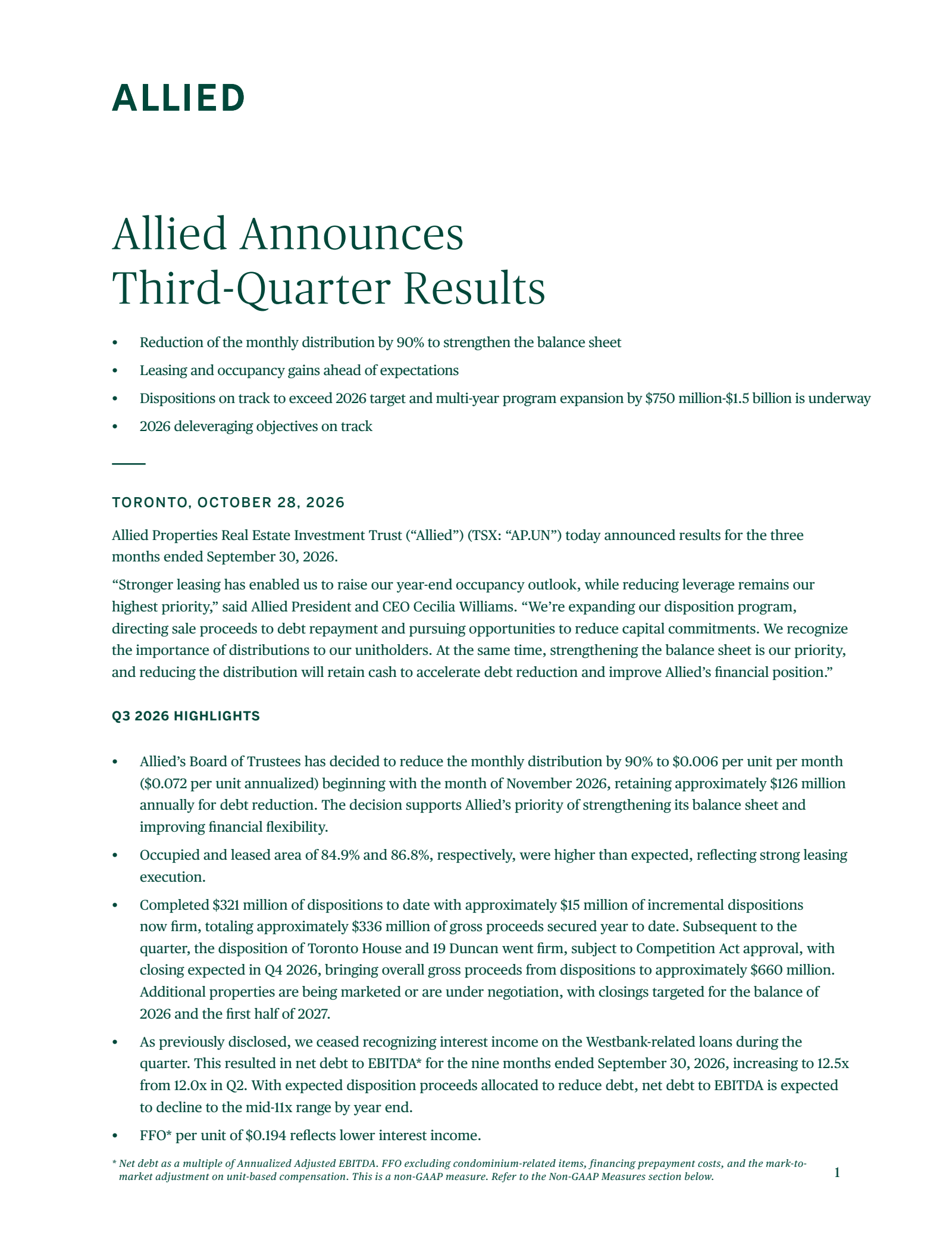 Allied Properties Real Estate Investment Trust's Q3 2026 Press Release