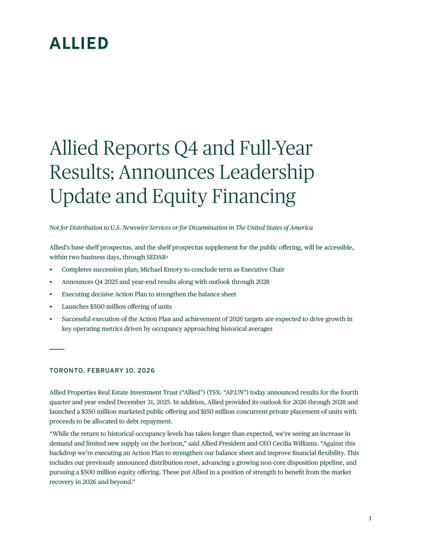 Allied Properties Real Estate Investment Trust's Q4 2025 Press Release