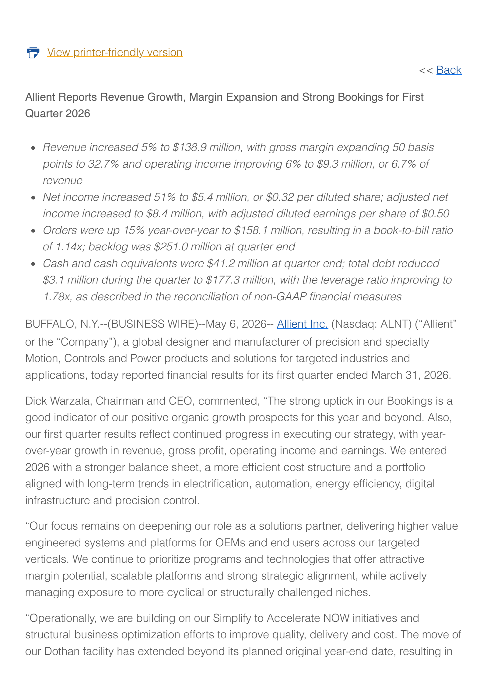 Allient's Q1 2026 Press Release
