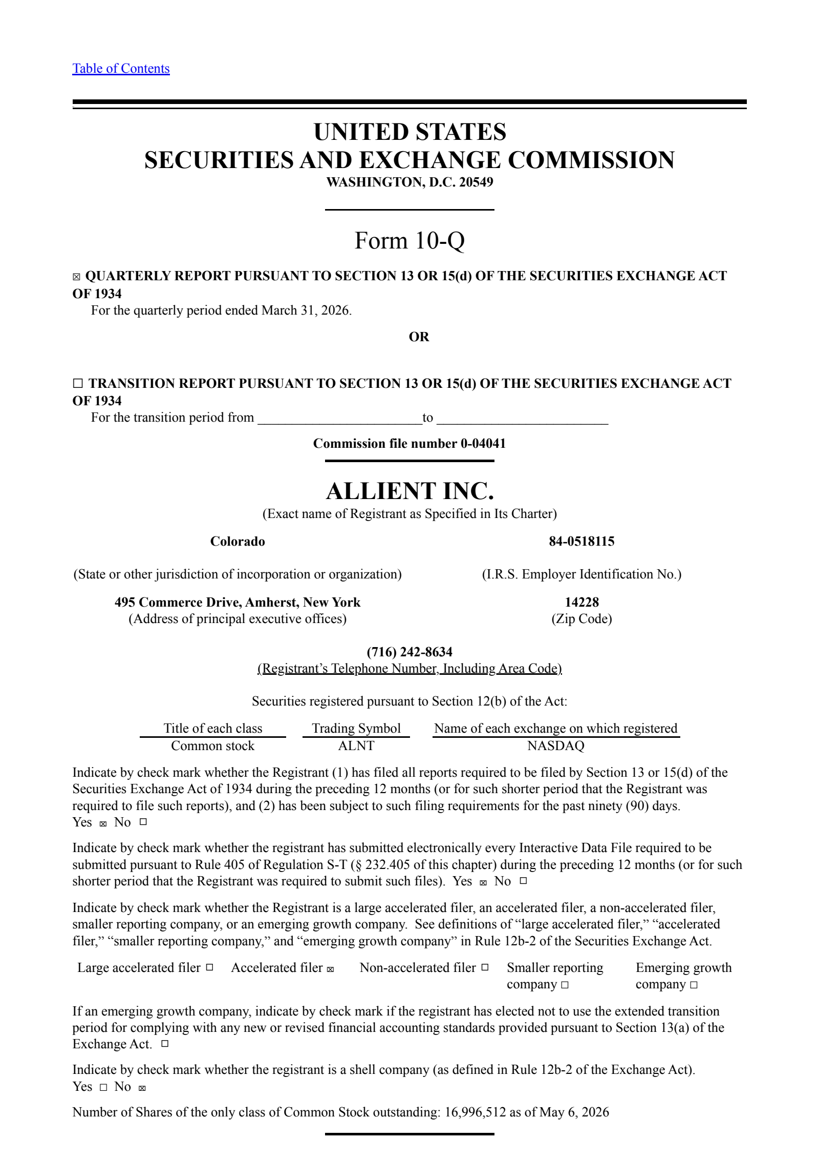 Allient's Q1 2026 Quarterly report