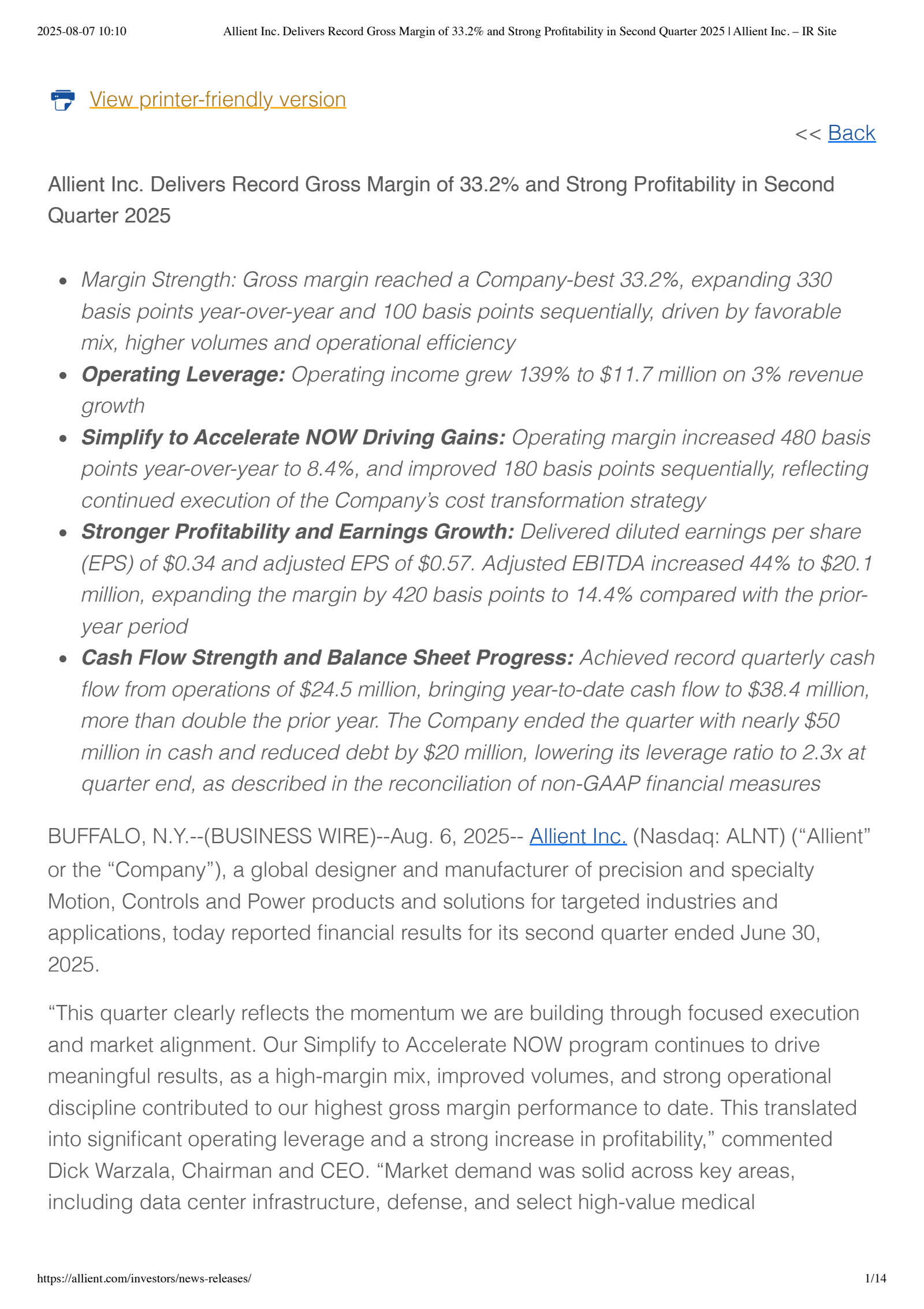 Allient's Q2 2025 Press Release