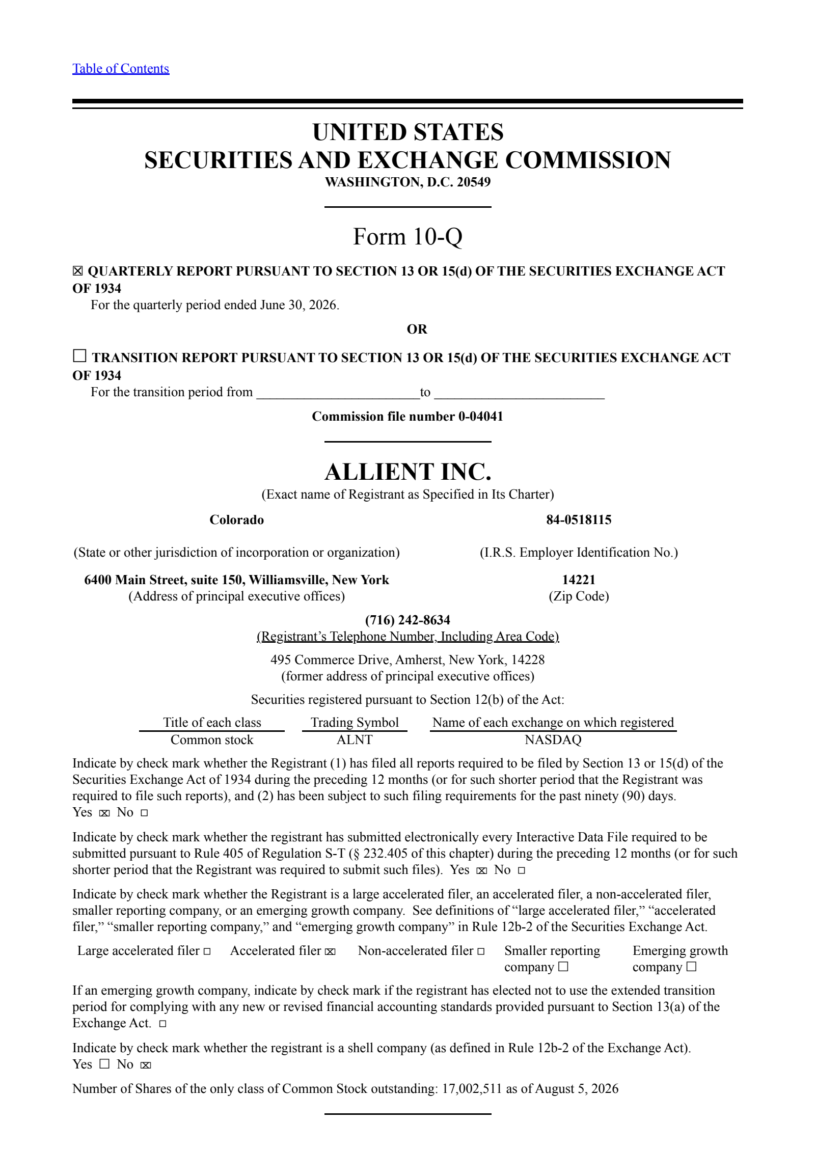 Allient's Q2 2026 Quarterly report