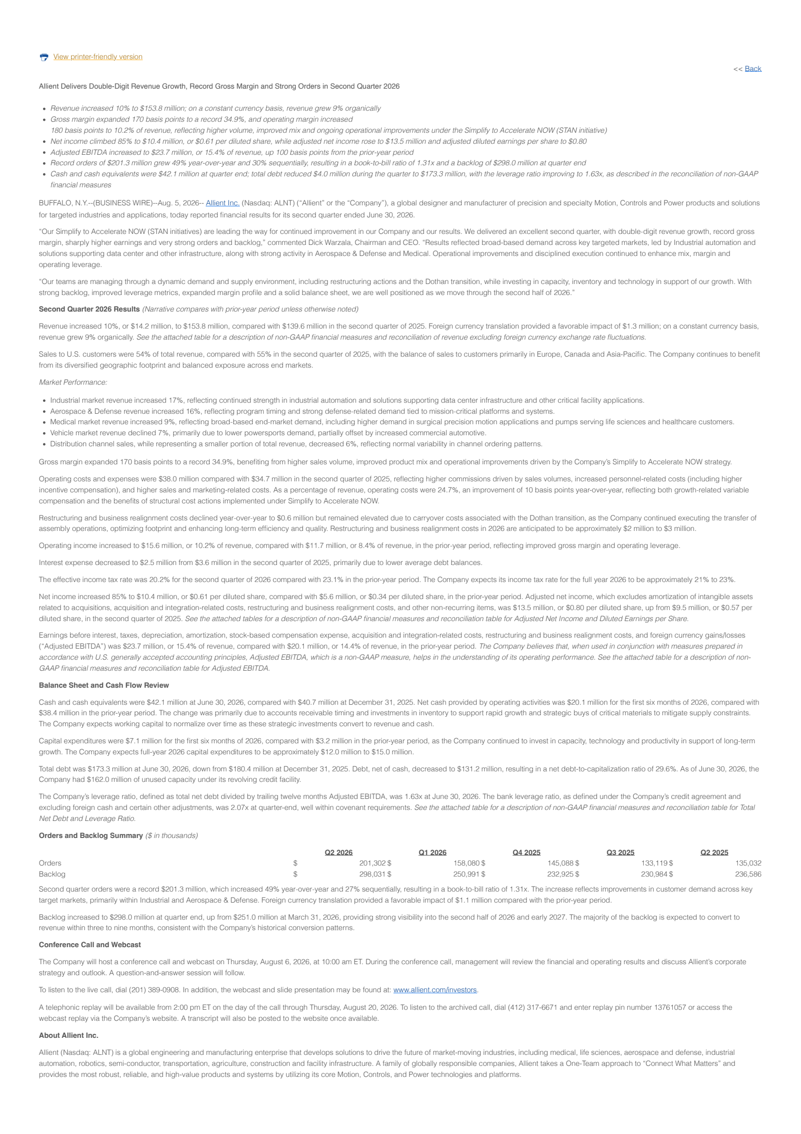 Allient's Q2 2026 Press Release
