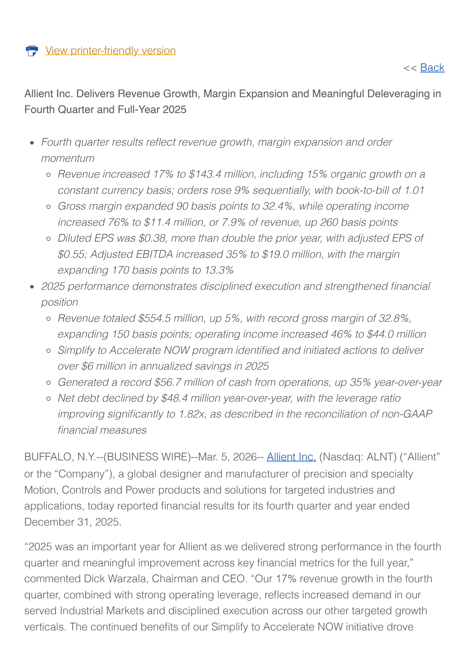 Allient's Q4 2025 Press Release