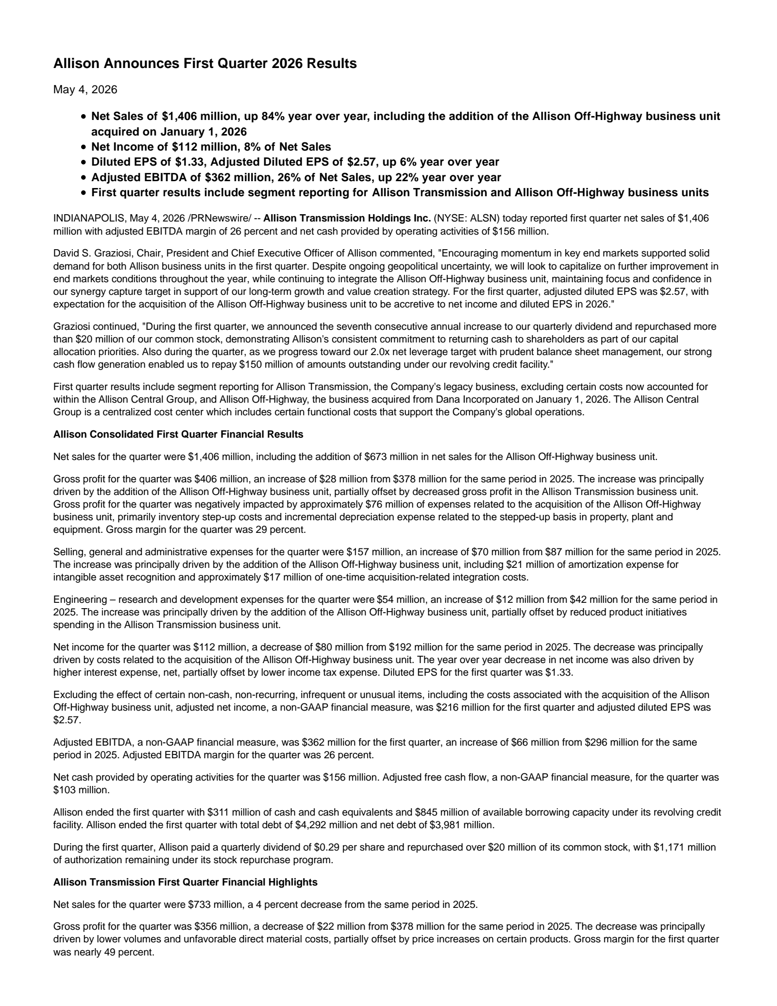 Allison Transmission's Q1 2026 Press Release