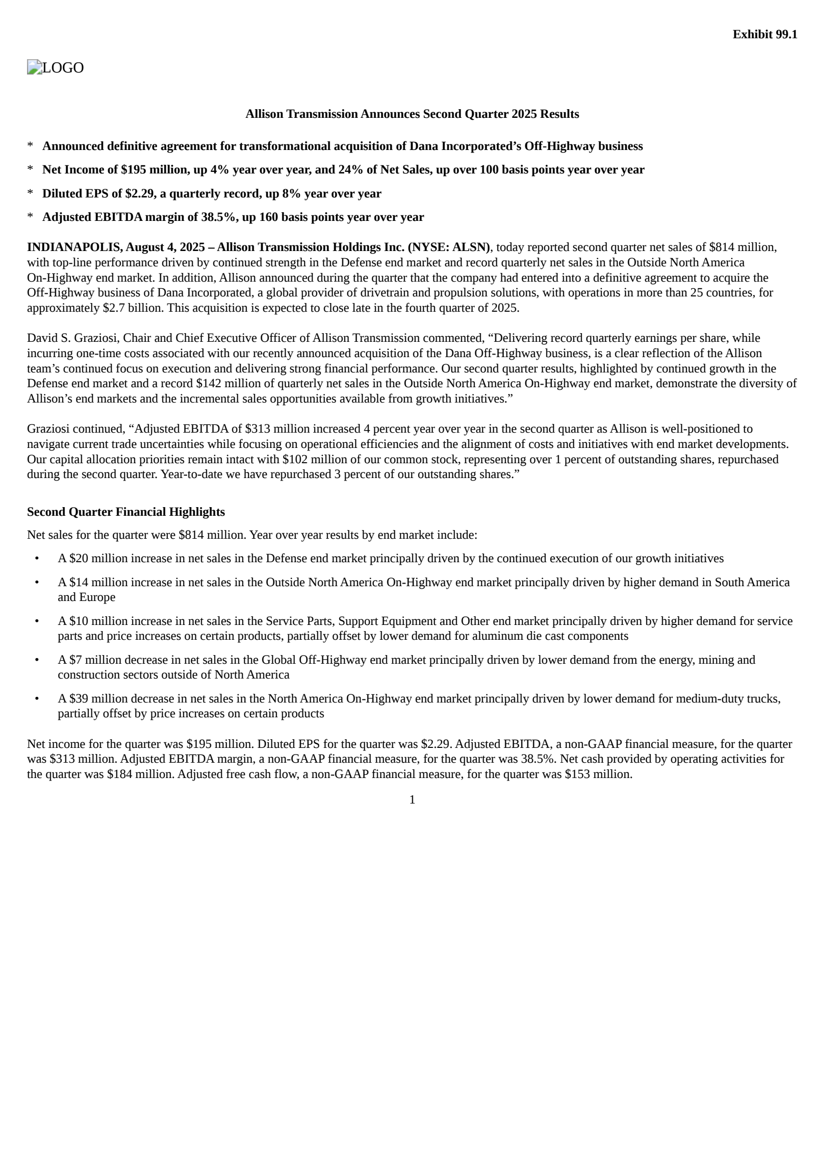Allison Transmission's Q2 2025 Press Release