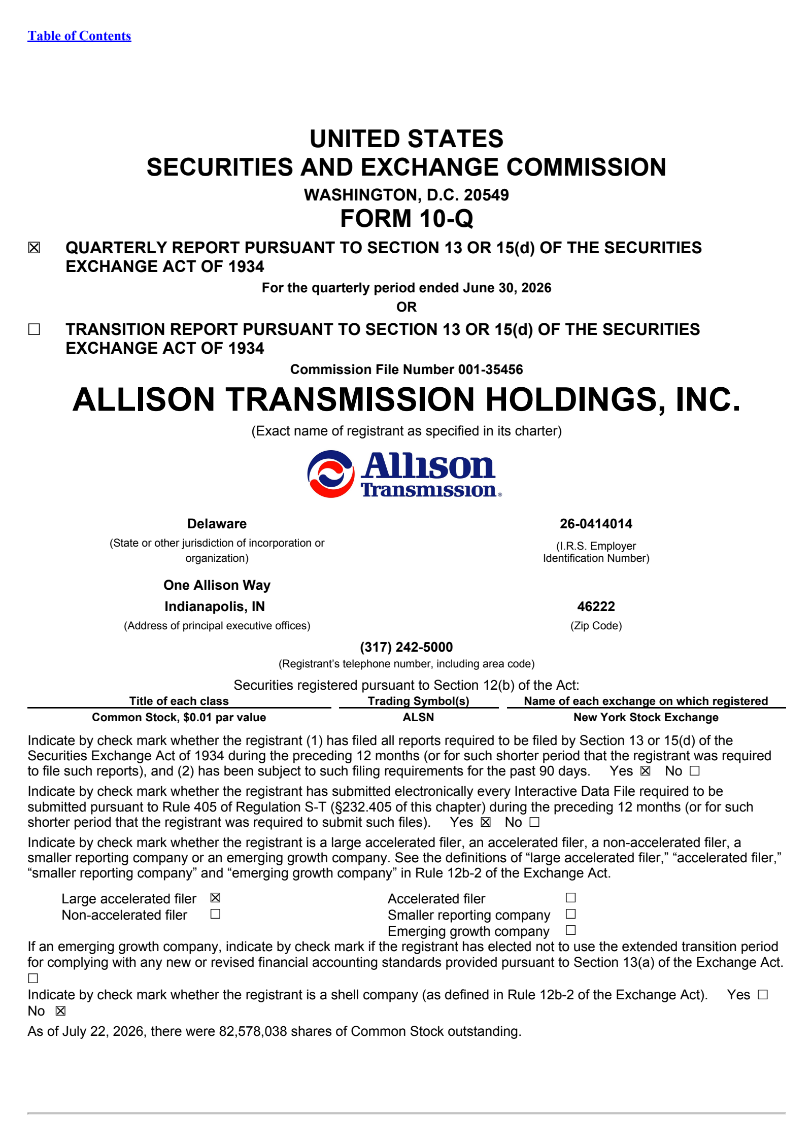 Allison Transmission's Q2 2026 Quarterly report