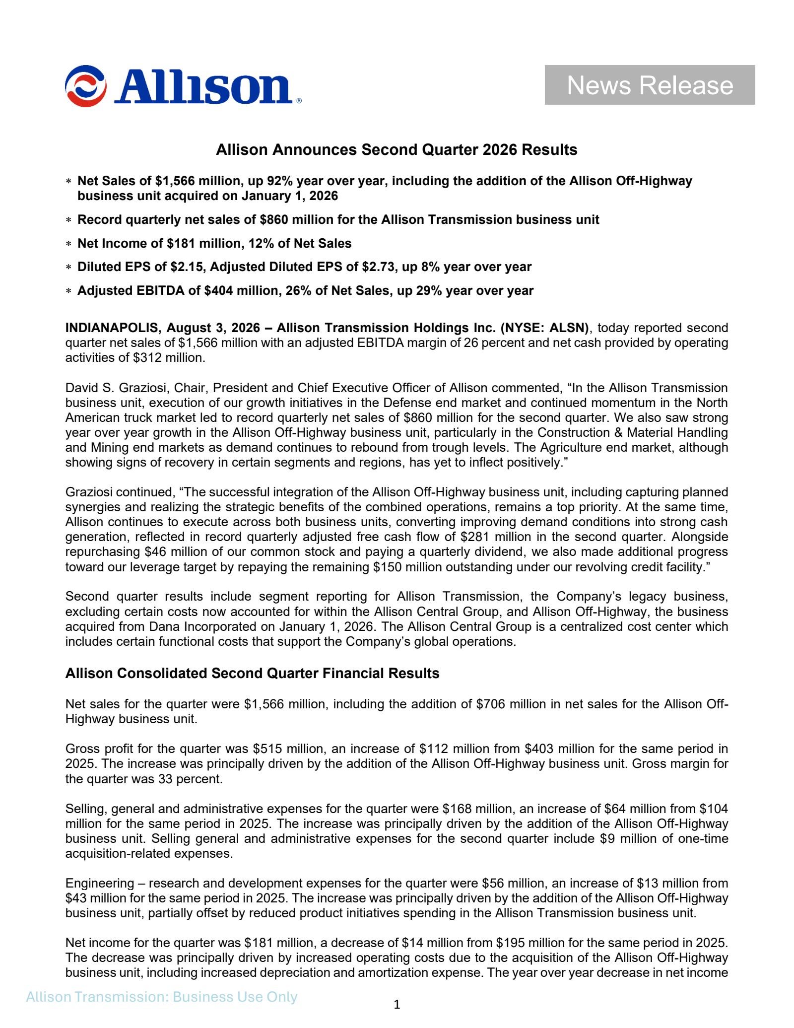 Allison Transmission's Q2 2026 Press Release