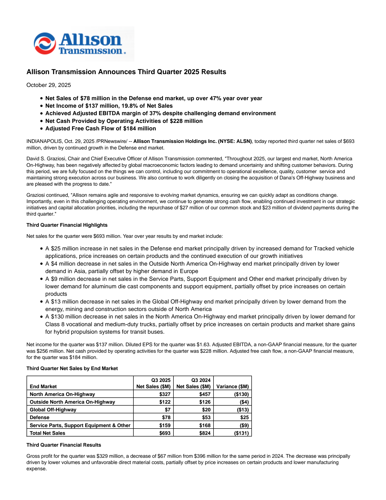 Allison Transmission's Q3 2025 Earnings Release