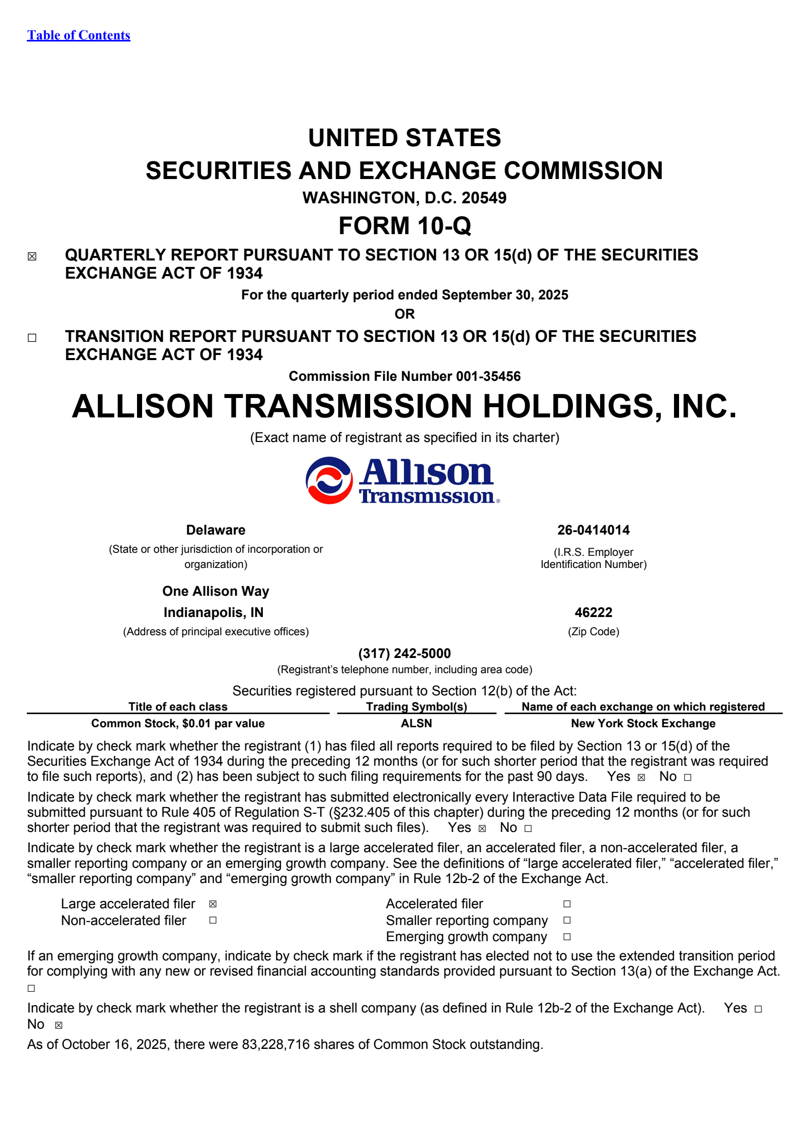 Allison Transmission's Q3 2025 Quarterly Report