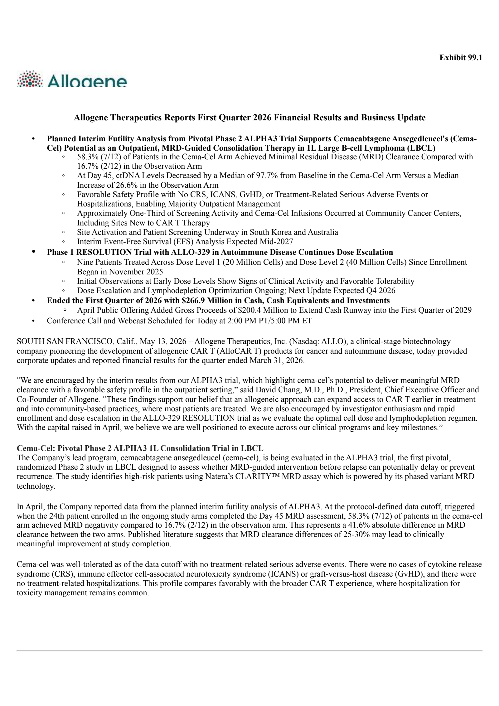 Allogene Therapeutics' Q1 2026 Press Release