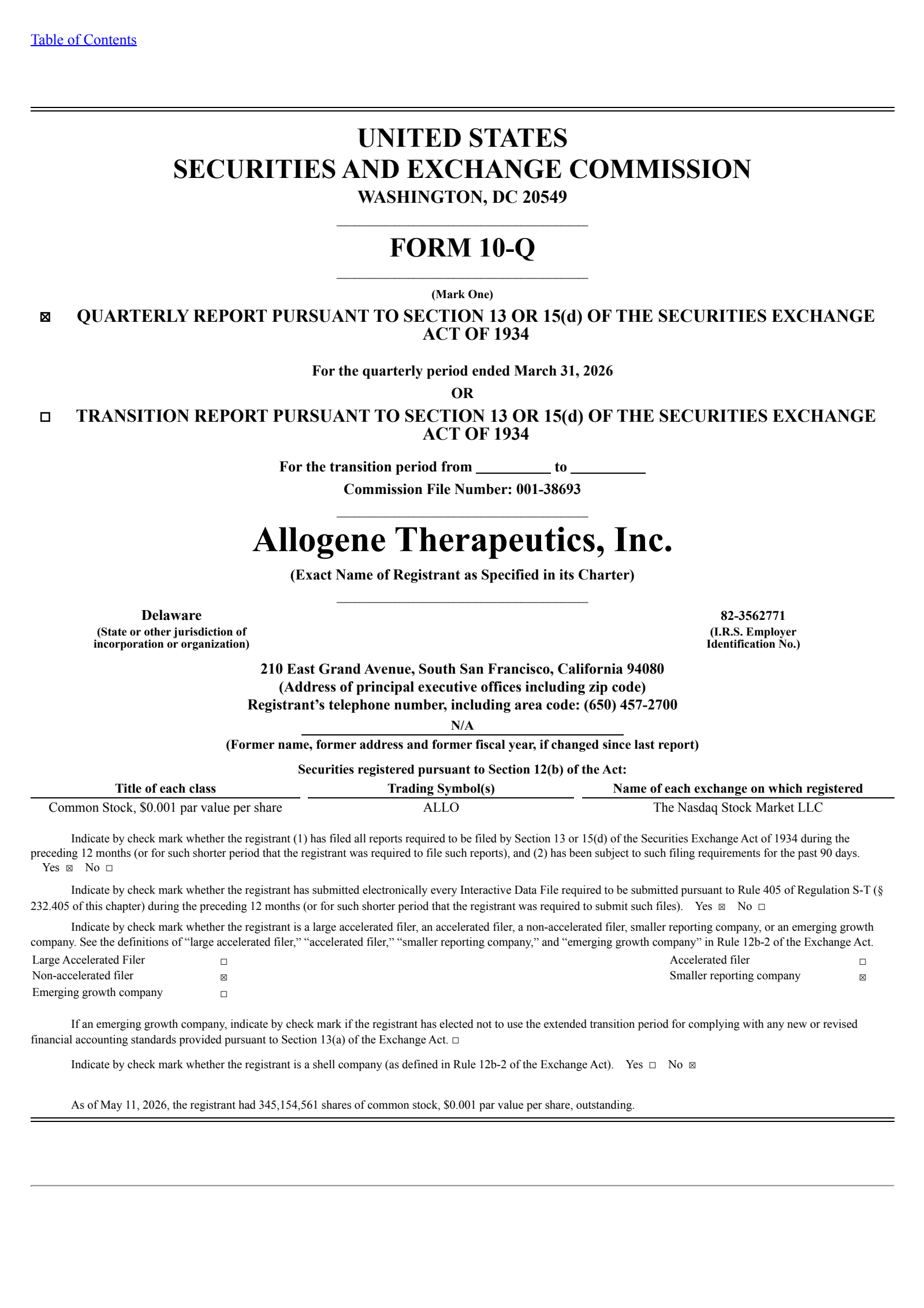 Allogene Therapeutics' Q1 2026 Quarterly report