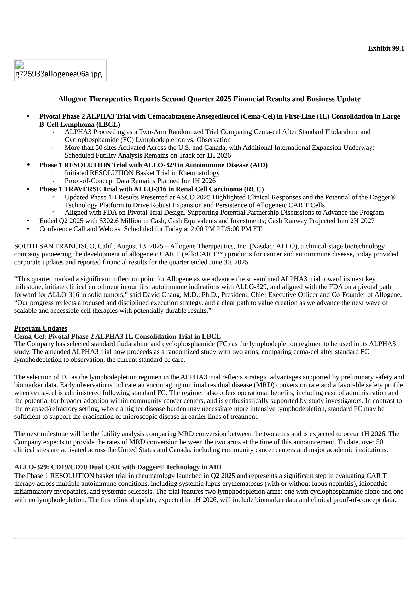 Allogene Therapeutics' Q2 2025 Press Release
