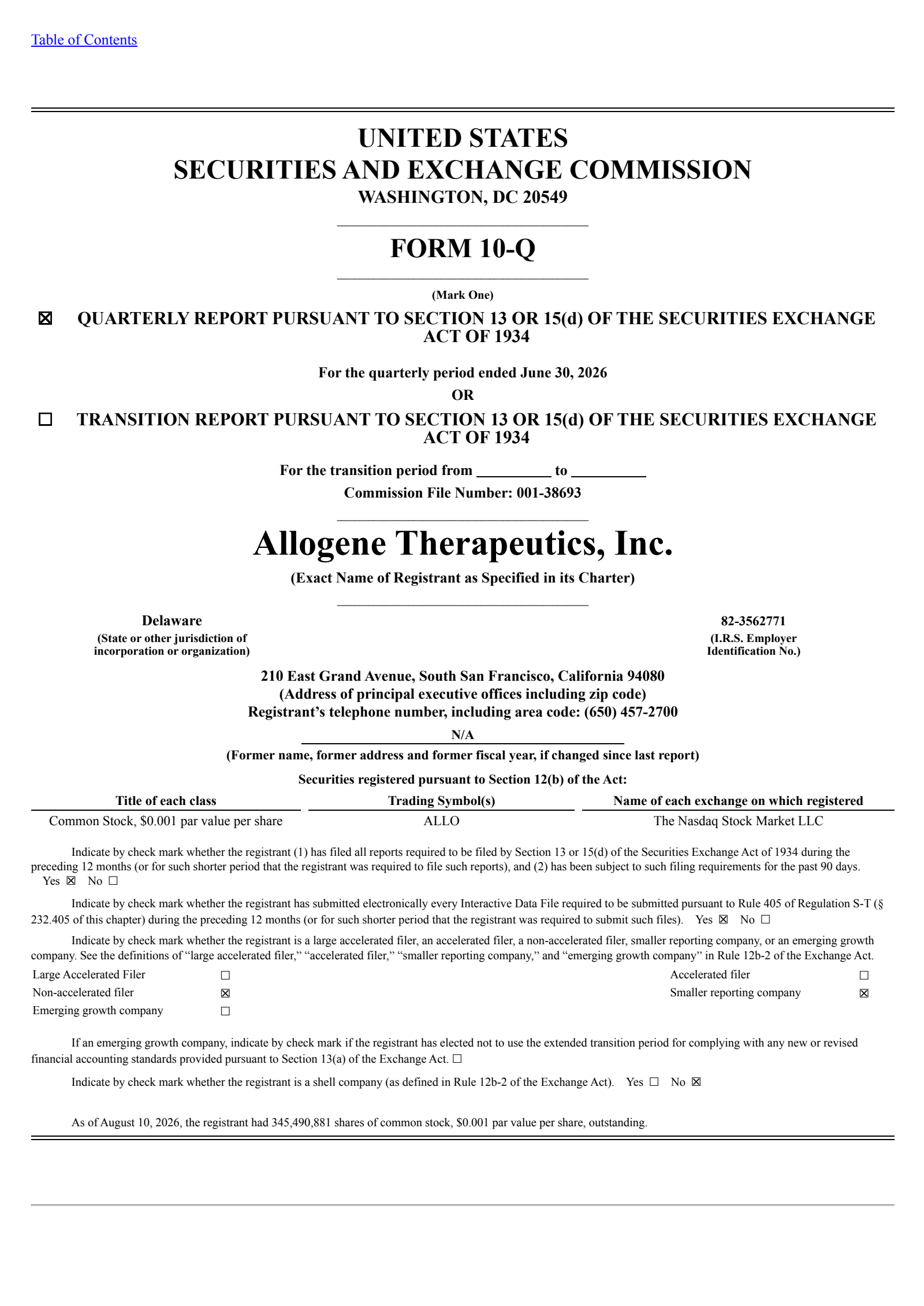 Allogene Therapeutics' Q2 2026 Quarterly report