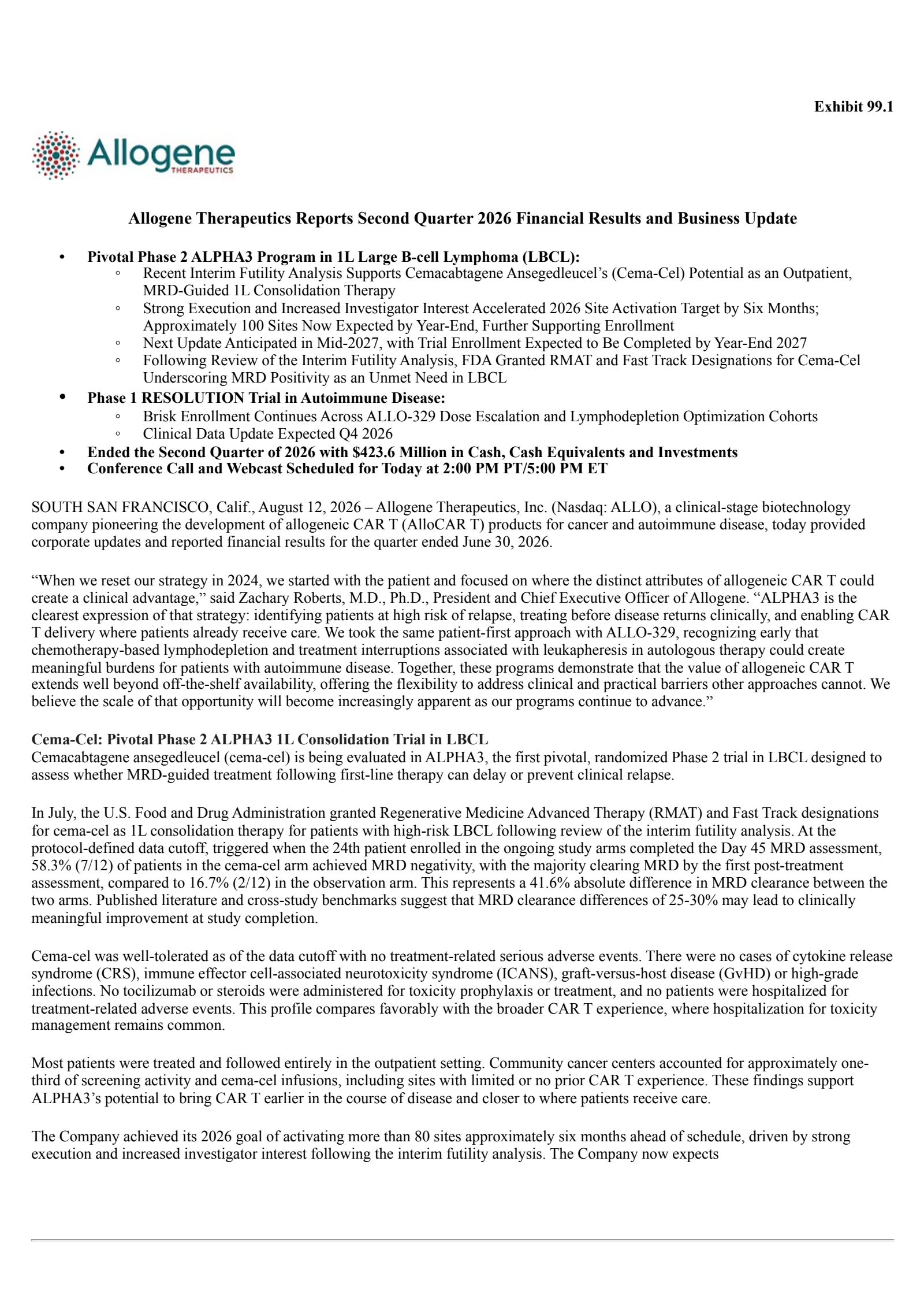 Allogene Therapeutics' Q2 2026 Press Release