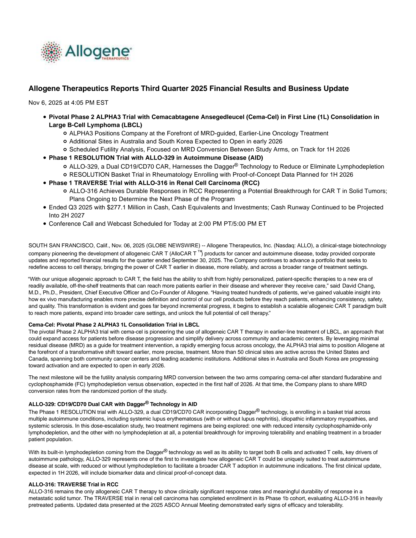 Allogene Therapeutics' Q3 2025 Earnings Release