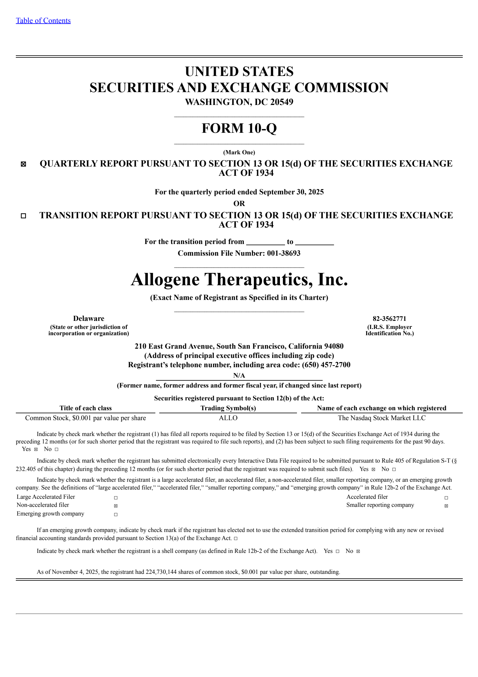 Allogene Therapeutics' Q3 2025 Quarterly Report
