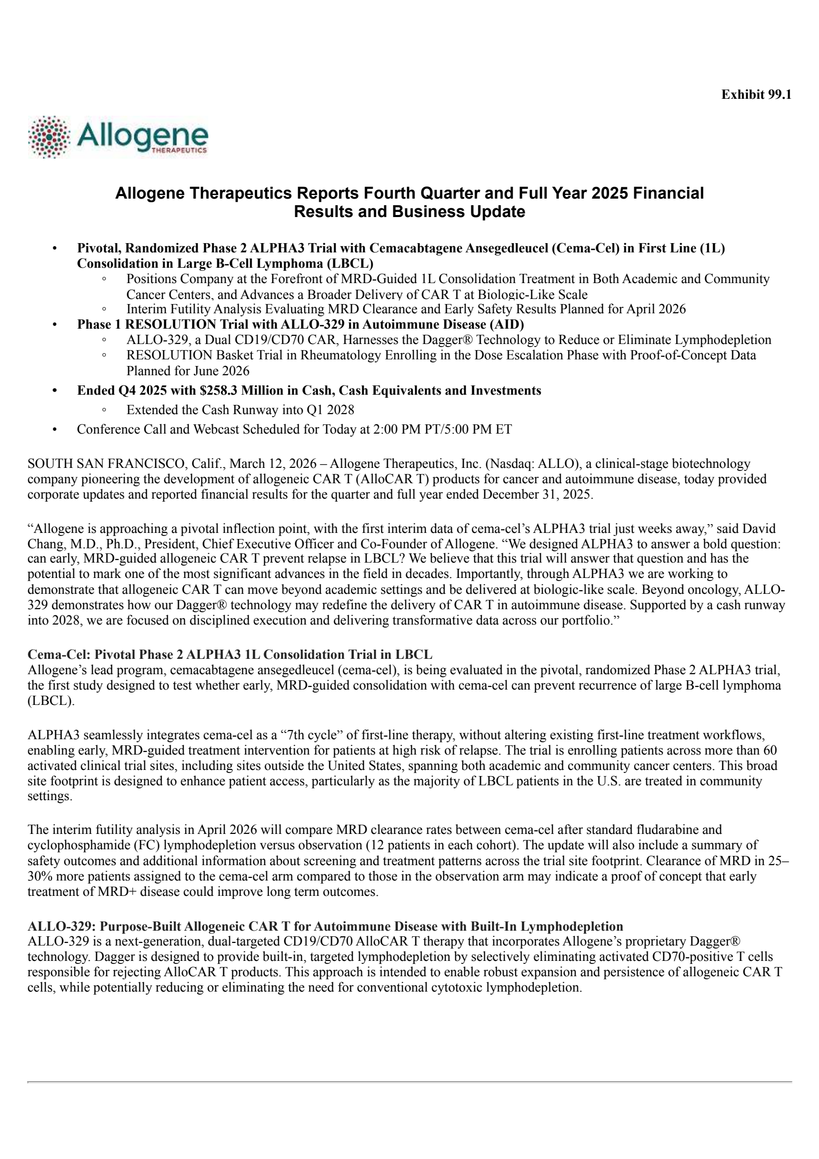 Allogene Therapeutics' Q4 2025 Press Release