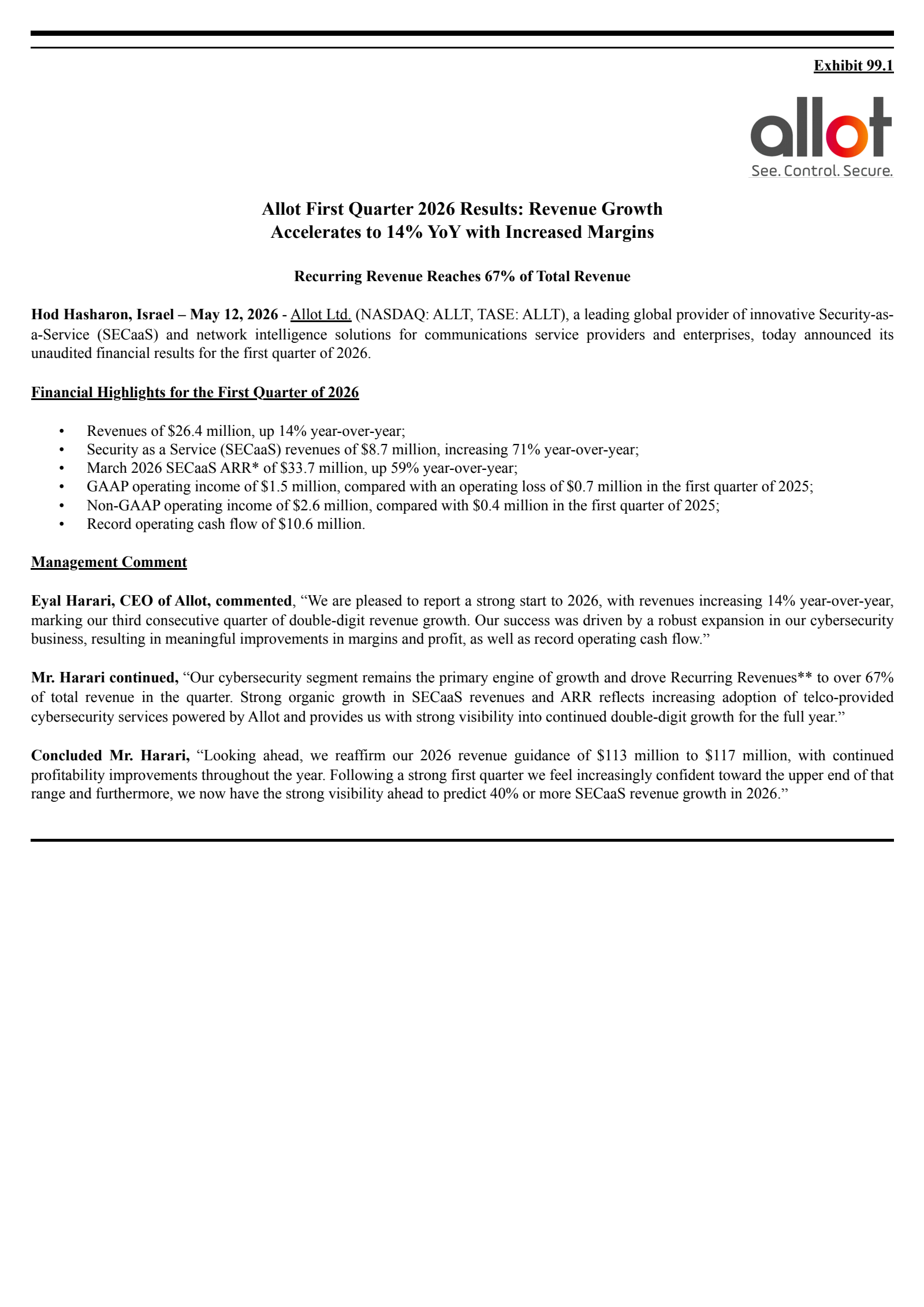 Allot's Q1 2026 Press Release