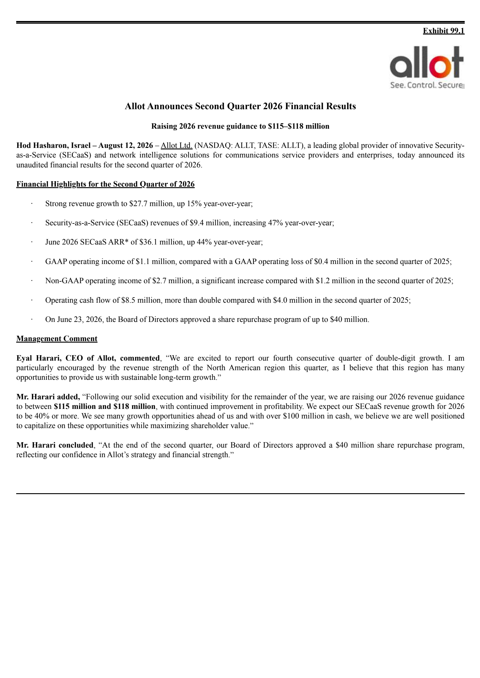 Allot's Q2 2026 Press Release