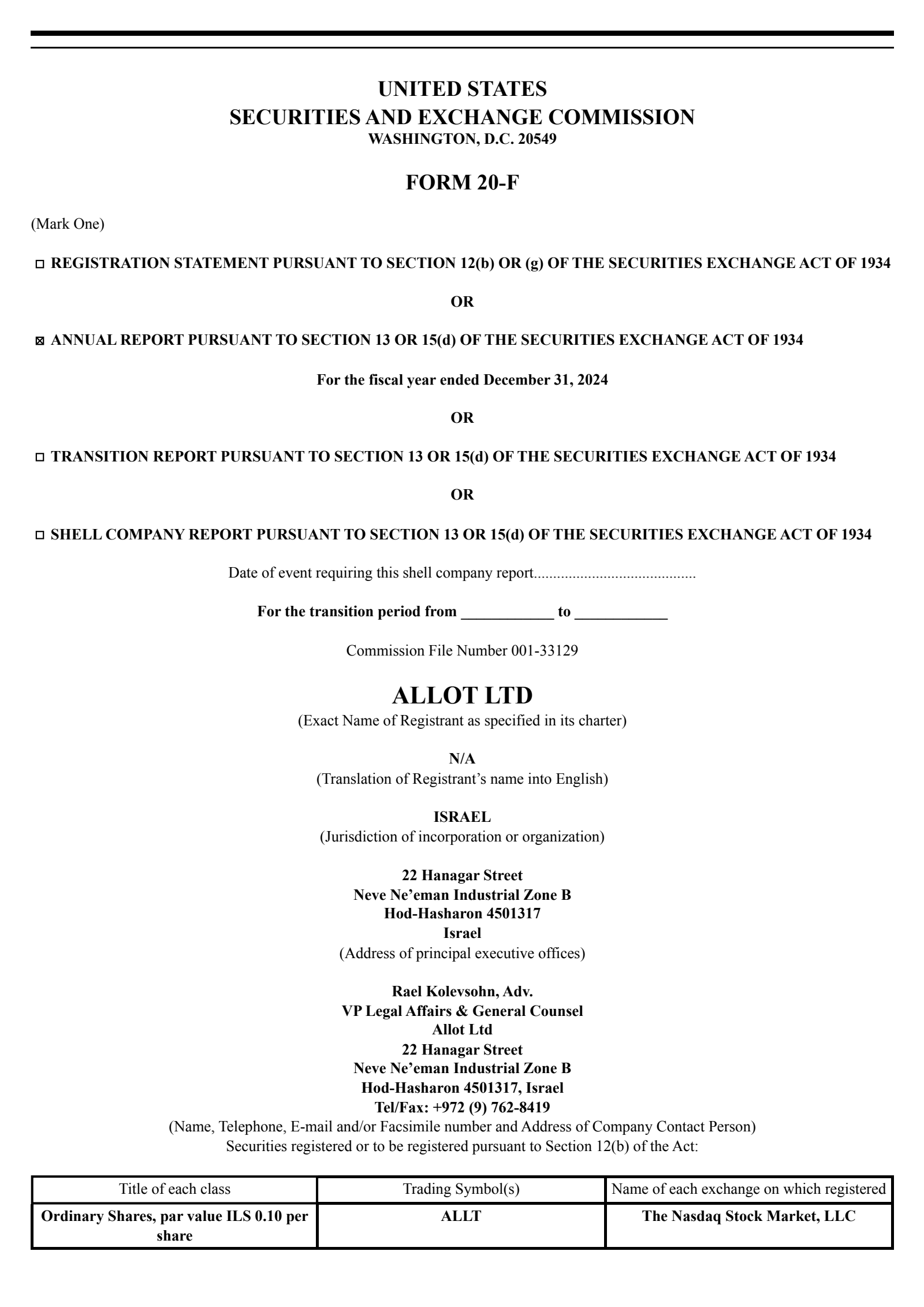 Allot Communications' Q4 2024 Annual report