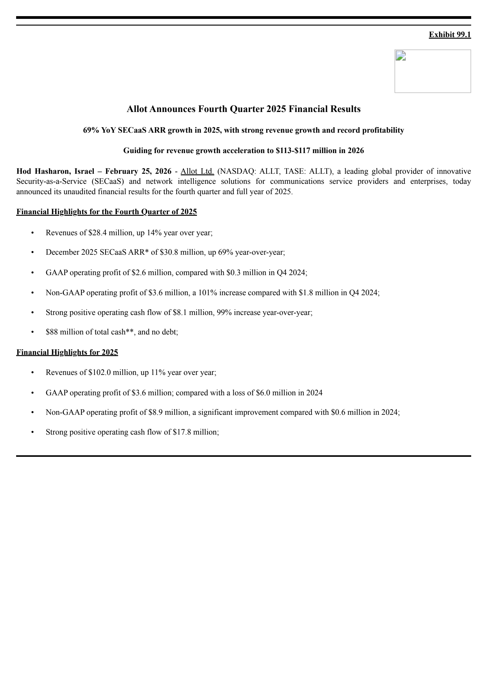 Allot's Q4 2025 Press Release