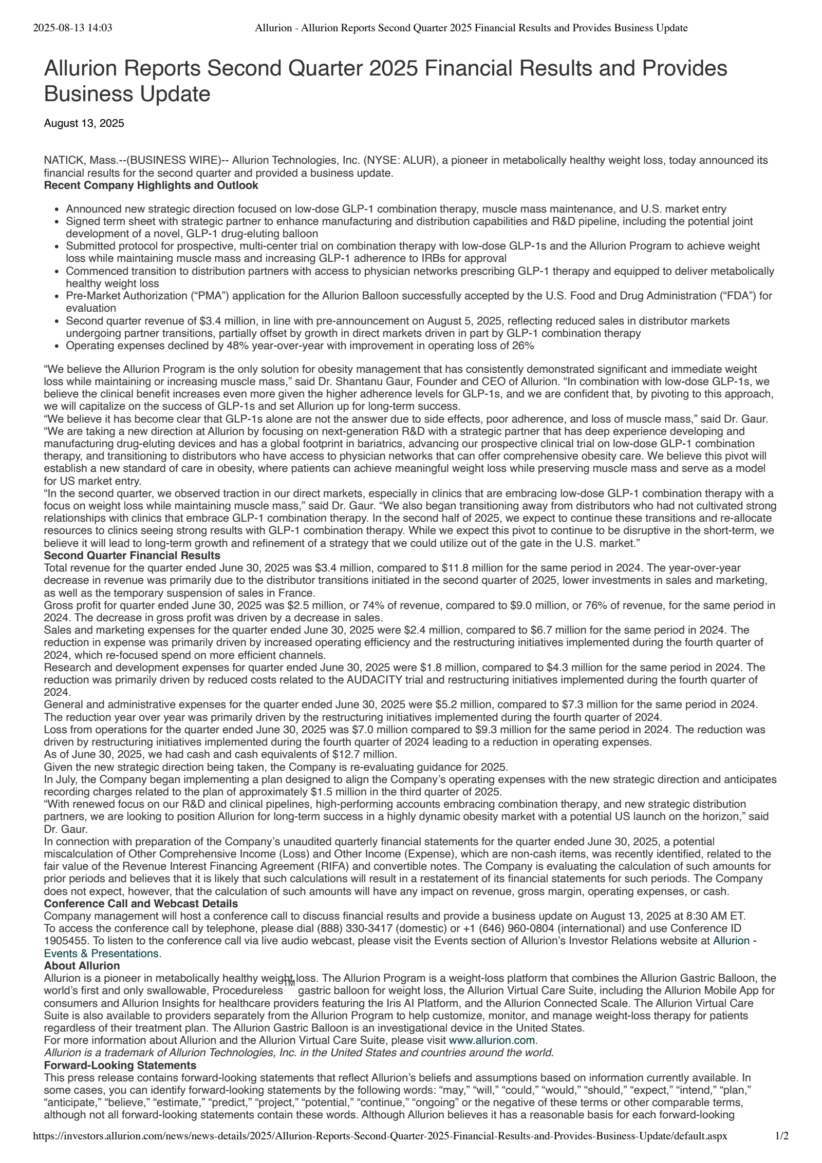 Allurion Technologies' Q2 2025 Press Release