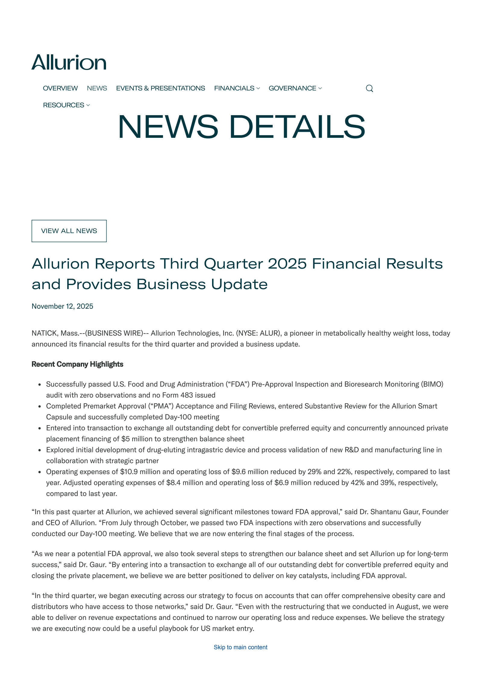 Allurion Technologies' Q3 2025 Earnings Release