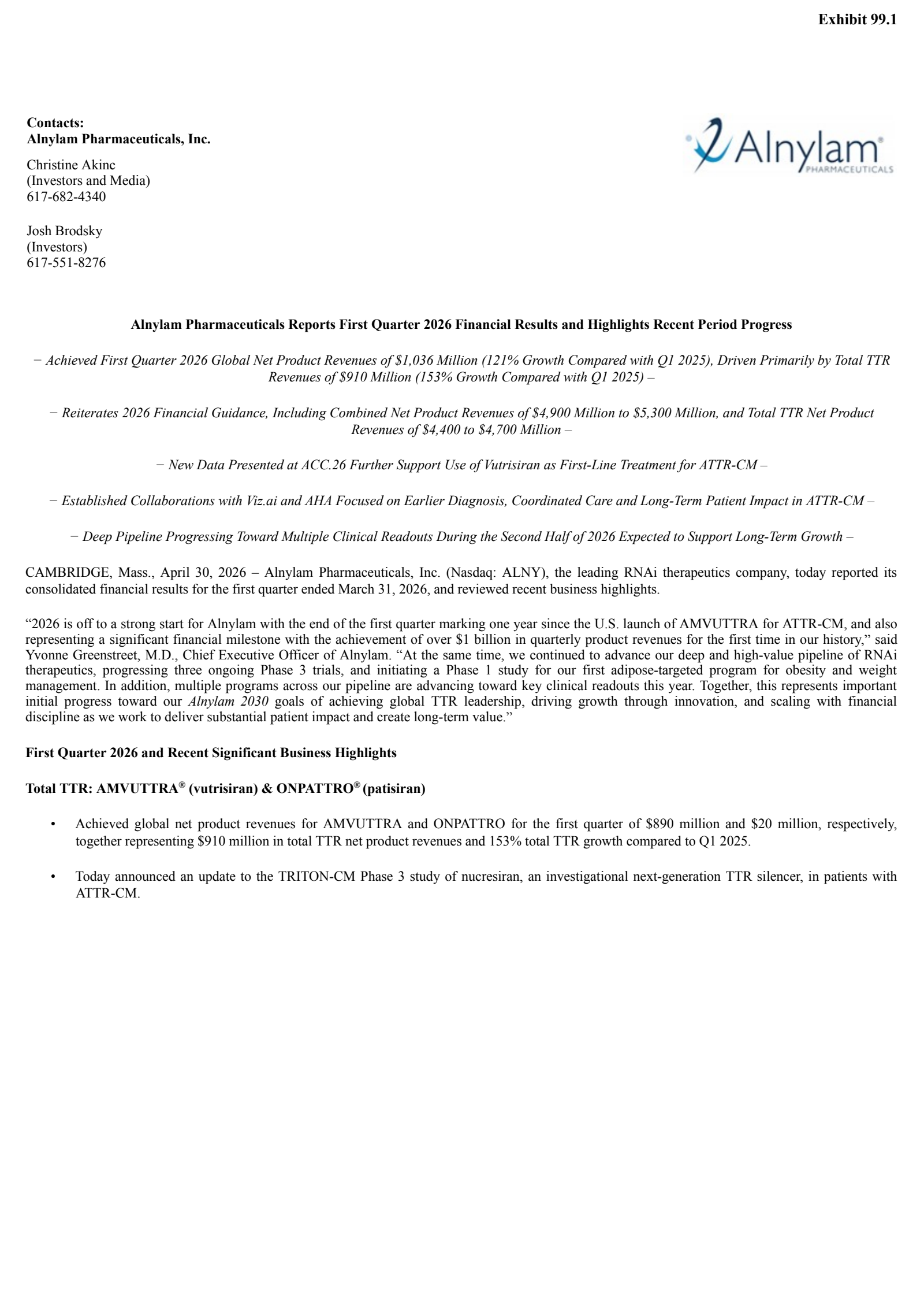 Alnylam Pharmaceuticals' Q1 2026 Press Release