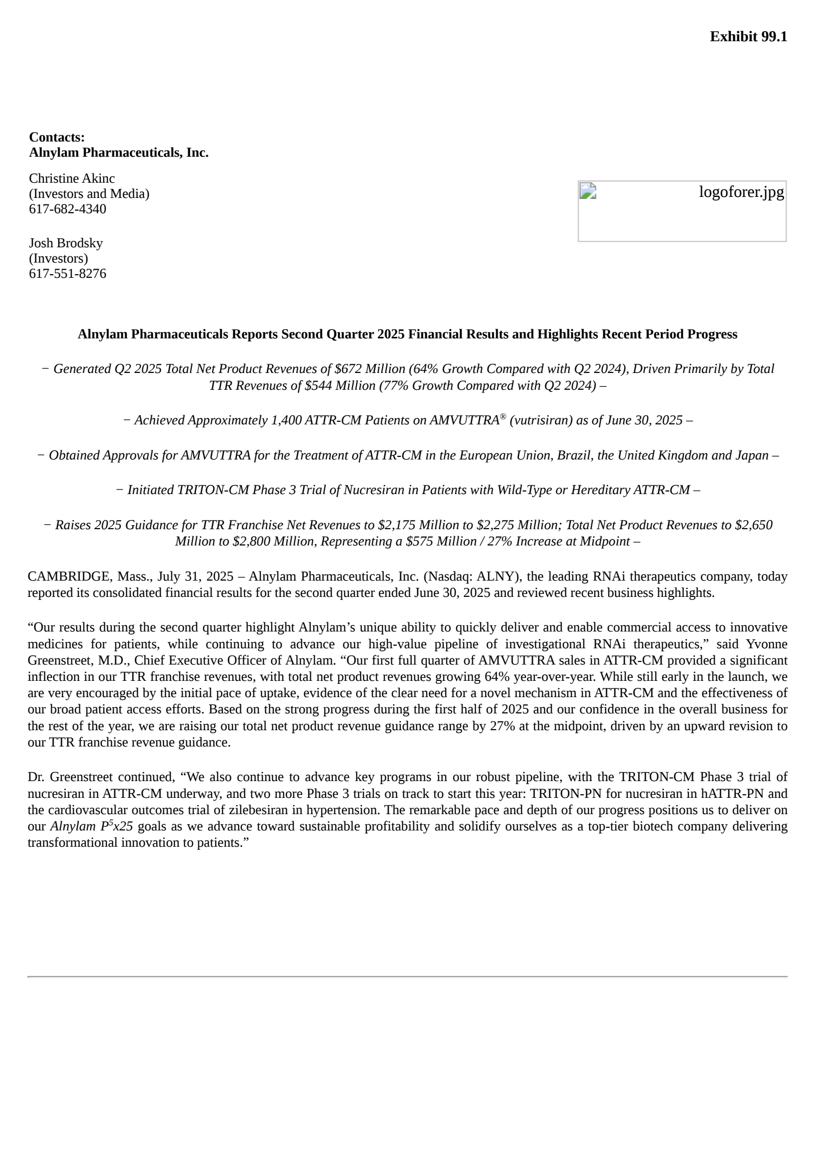 Alnylam Pharmaceuticals' Q2 2025 Press Release