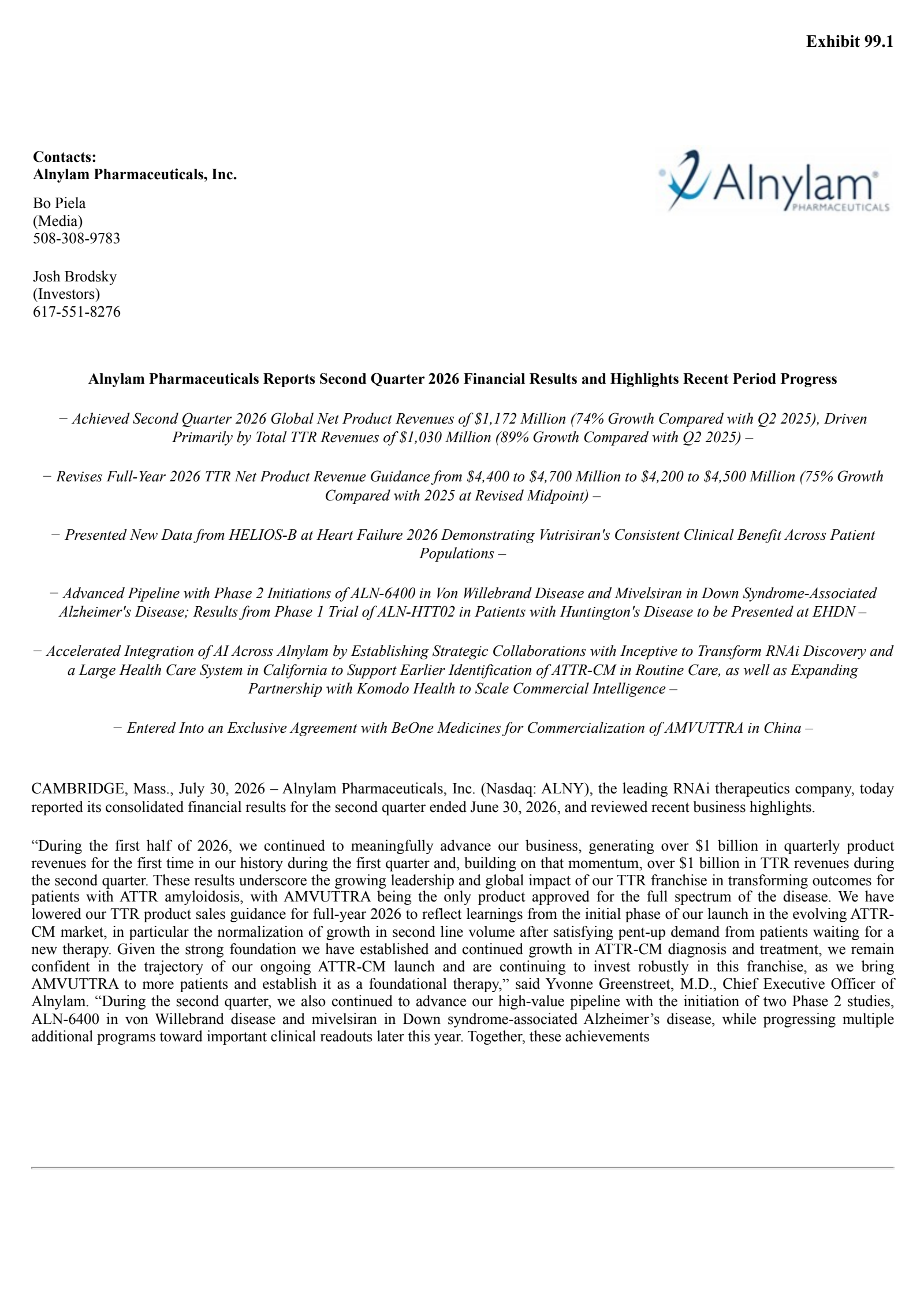 Alnylam Pharmaceuticals' Q2 2026 Press Release