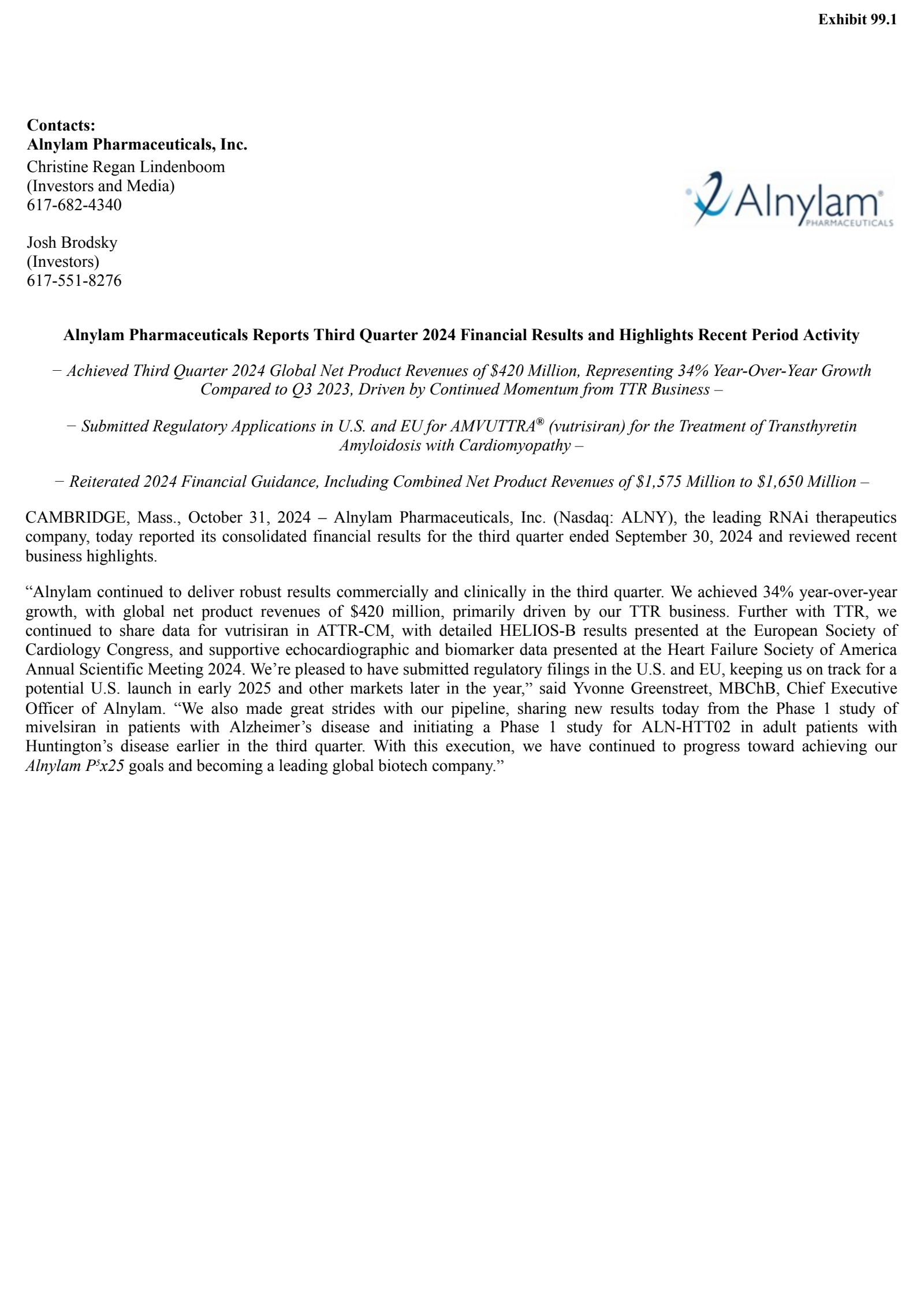 Alnylam Pharmaceuticals' Q3 2024 Earnings Release