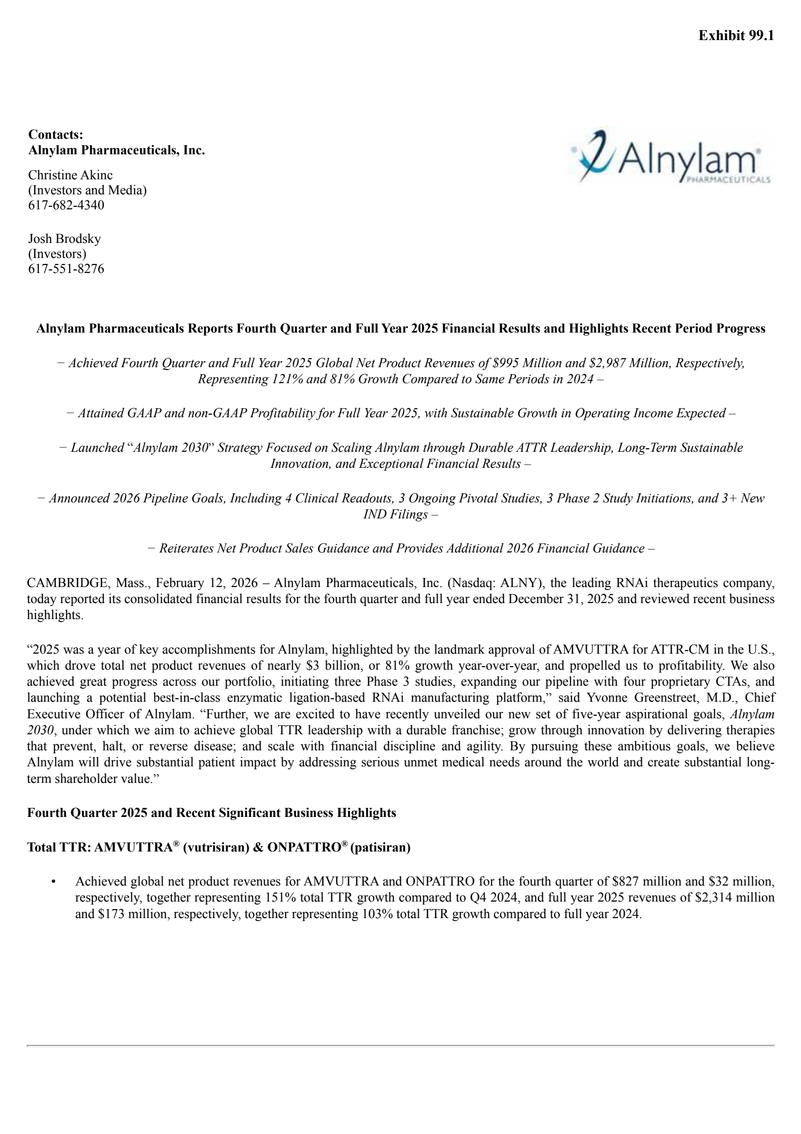 Alnylam Pharmaceuticals' Q4 2025 Press Release