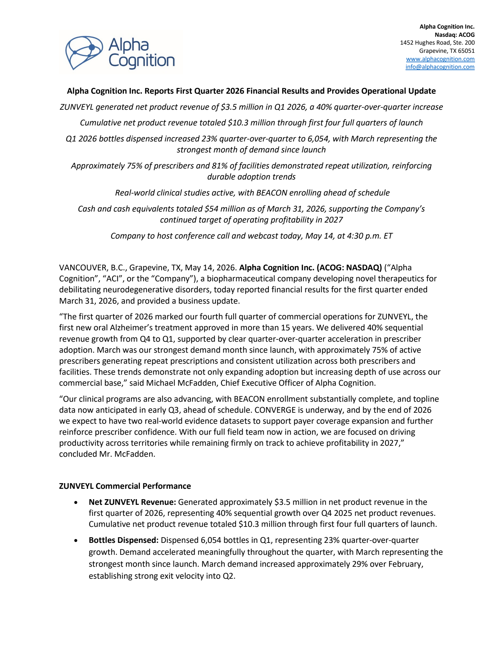 Alpha Cognition's Q1 2026 Press Release