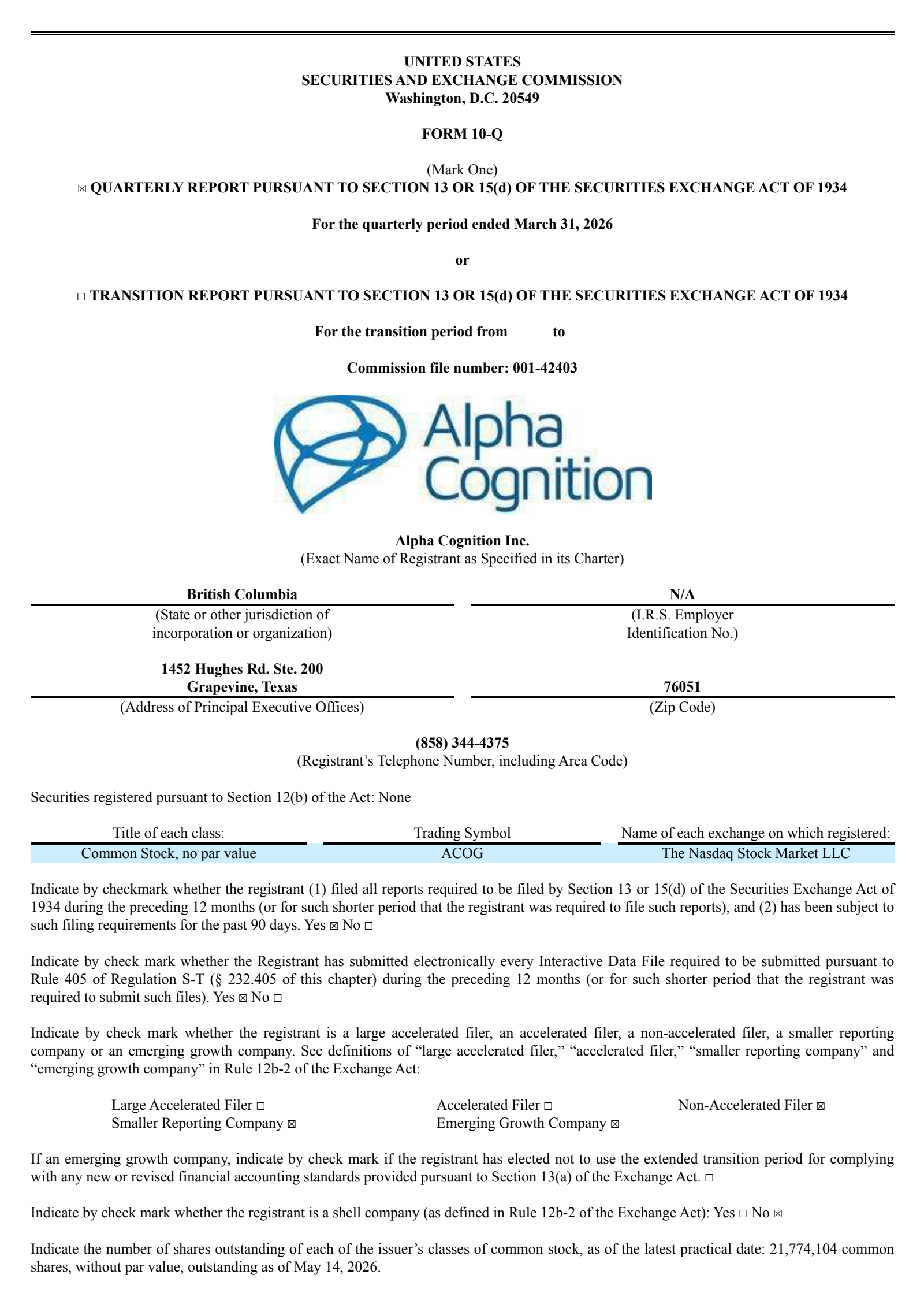 Alpha Cognition's Q1 2026 Quarterly report