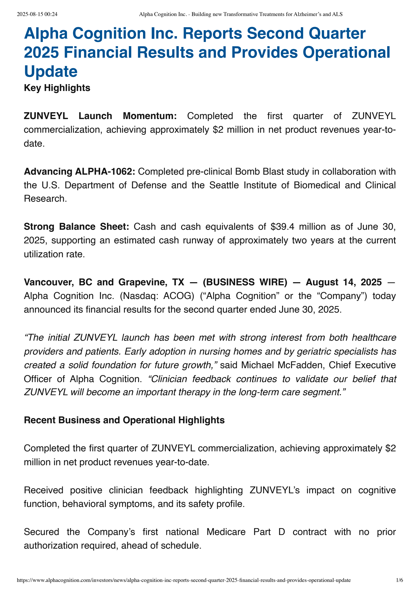 Alpha Cognition's Q2 2025 Press Release