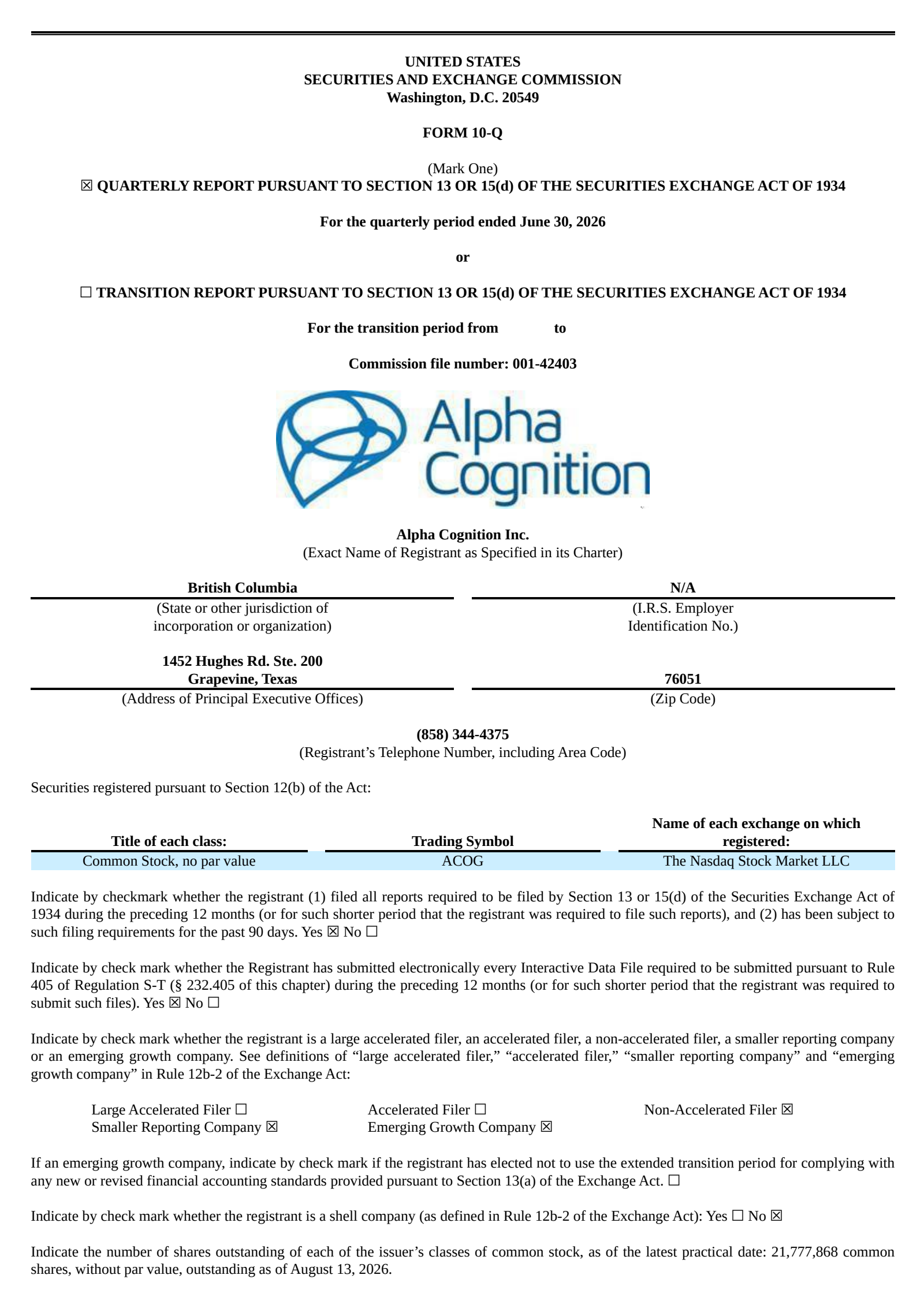 Alpha Cognition's Q2 2026 Quarterly report