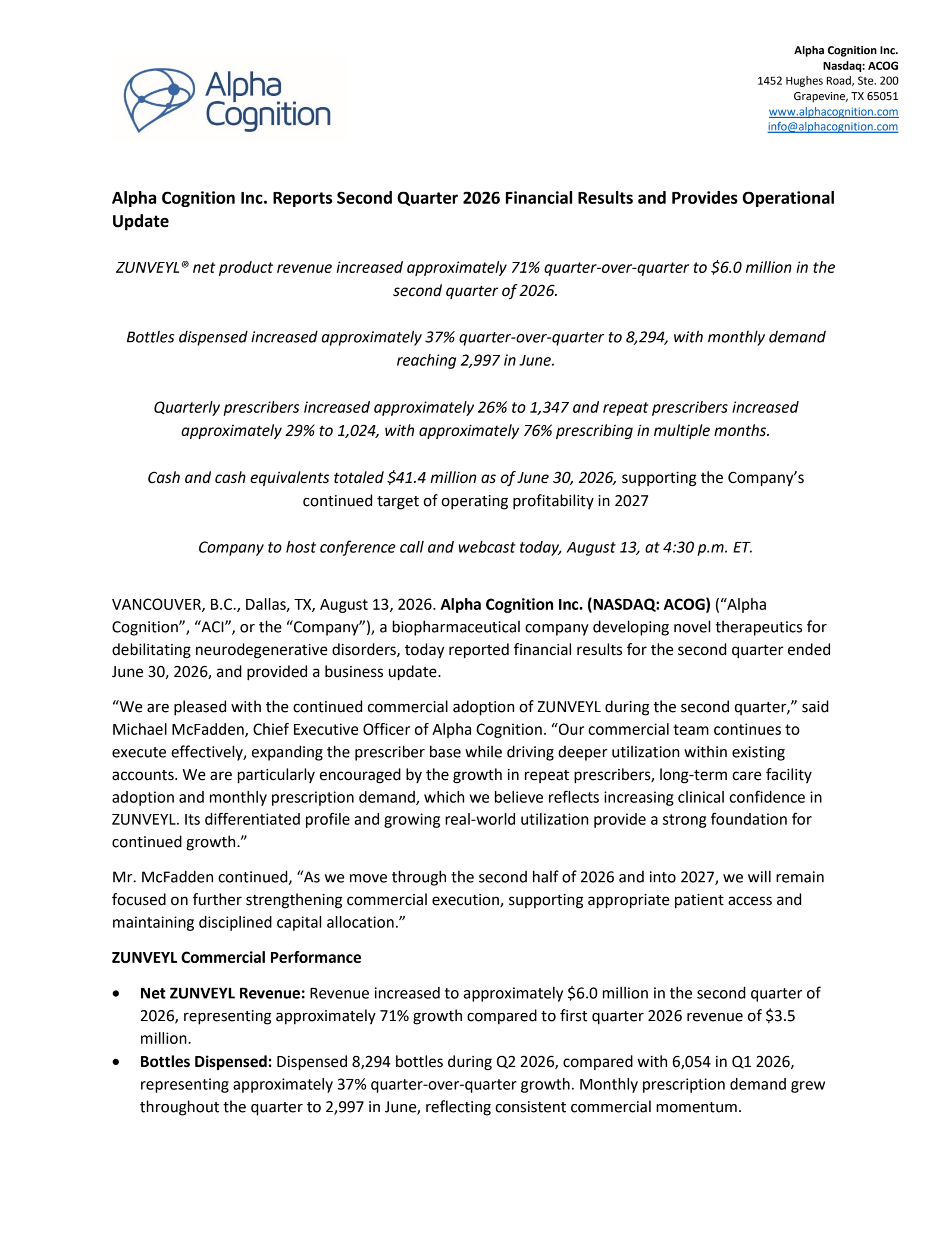 Alpha Cognition's Q2 2026 Press Release