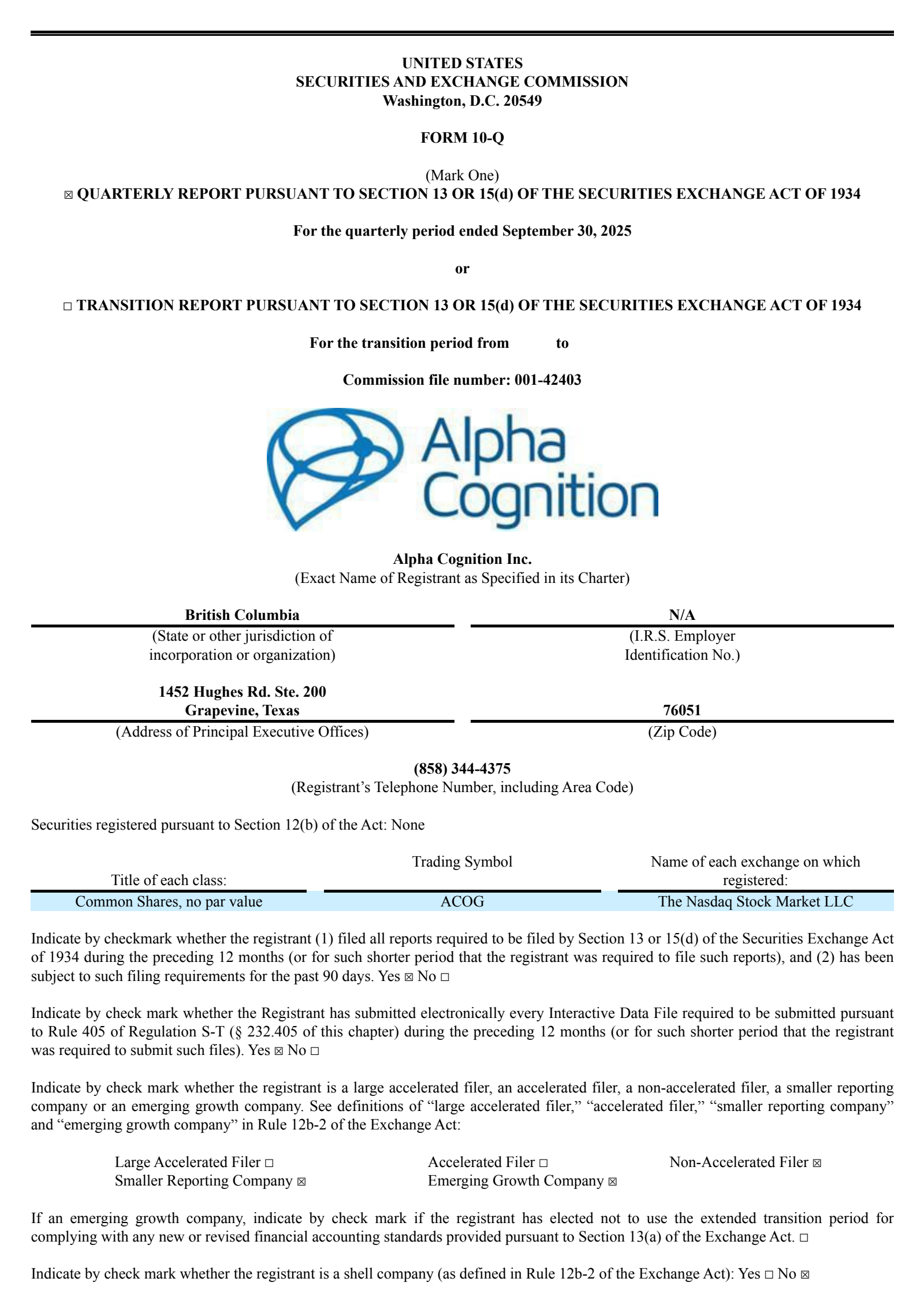 Alpha Cognition's Q3 2025 Quarterly Report