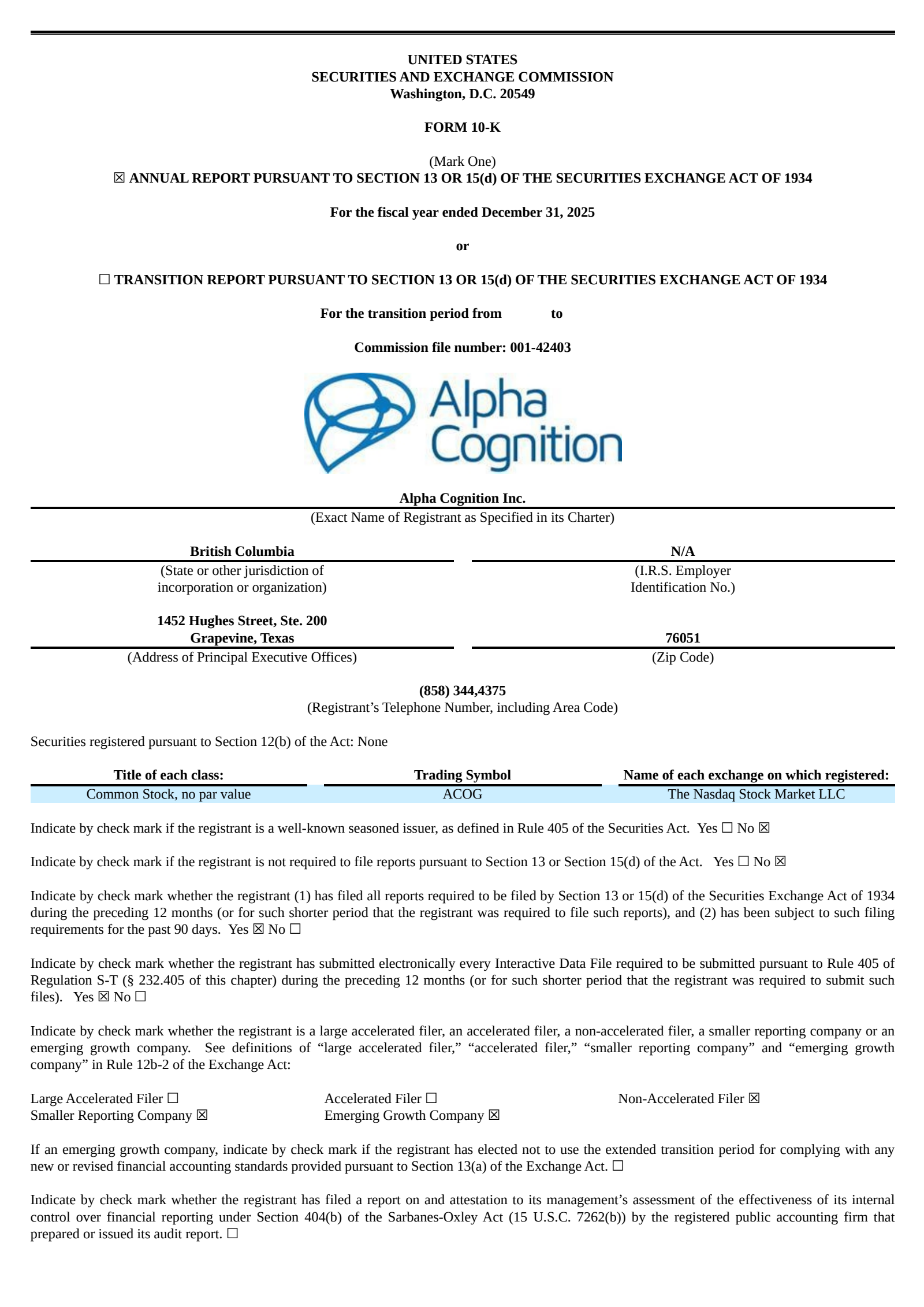 Alpha Cognition's Q4 2025 Annual report
